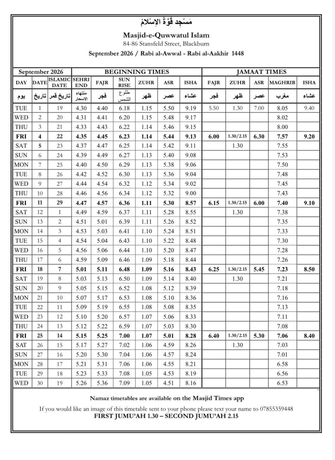 Timetable published by Masjid-e-Quwwatul Islam for September 2026
