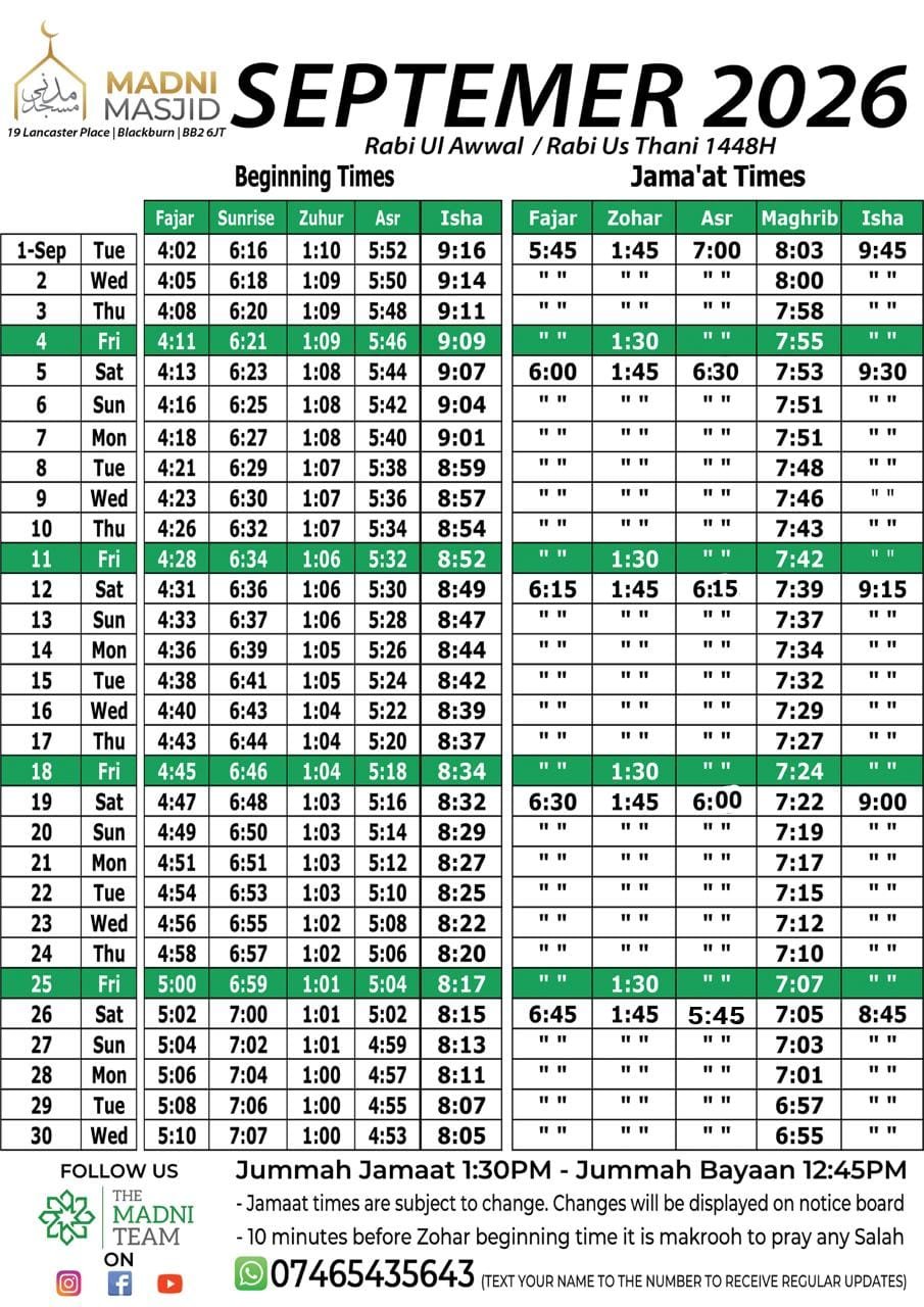 Timetable published by Madni Masjid (Leamington) for September 2026