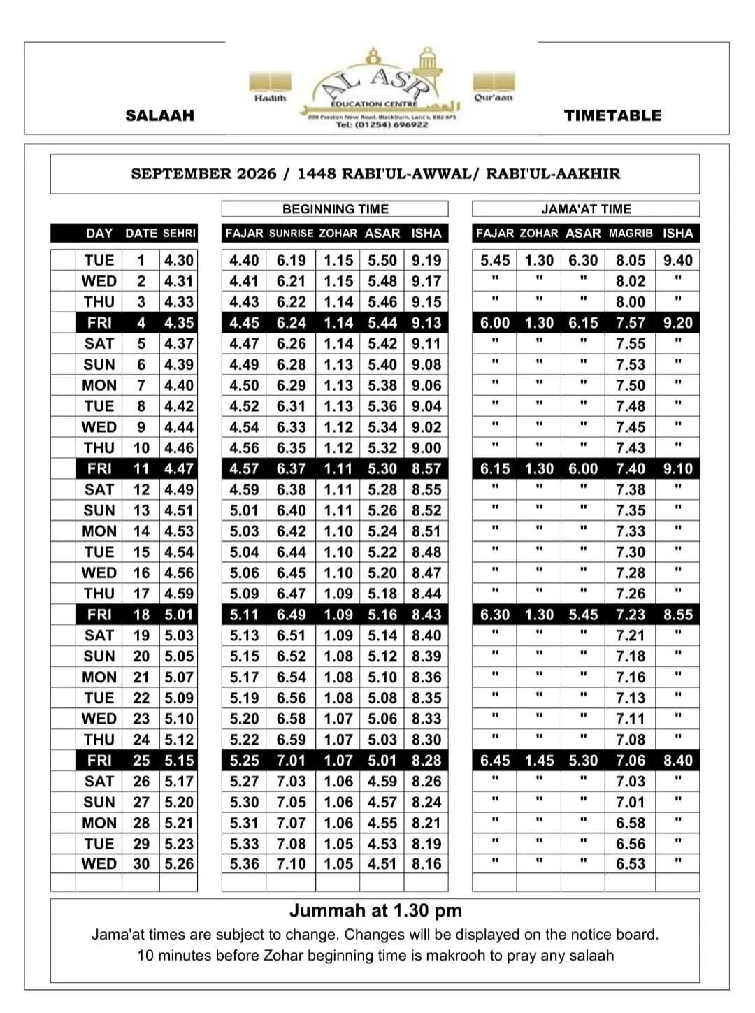Timetable published by Al-Asr Education Centre for September 2026