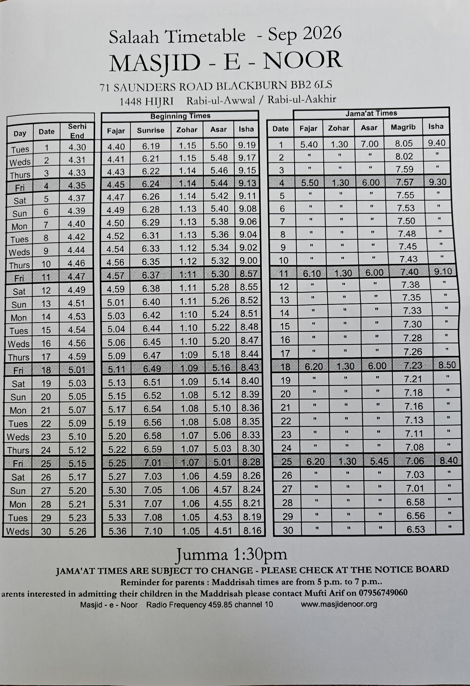 Timetable published by Masjid-e-Noor (Saunders) for September 2026