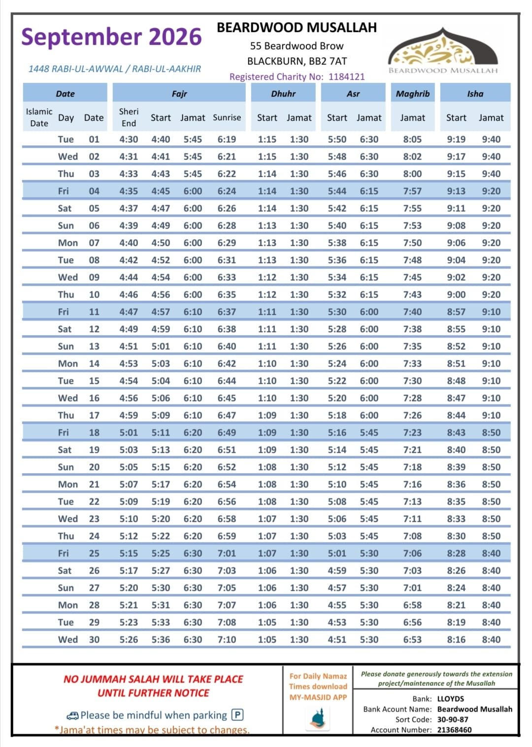 Timetable published by Beardwood Musallah for September 2026