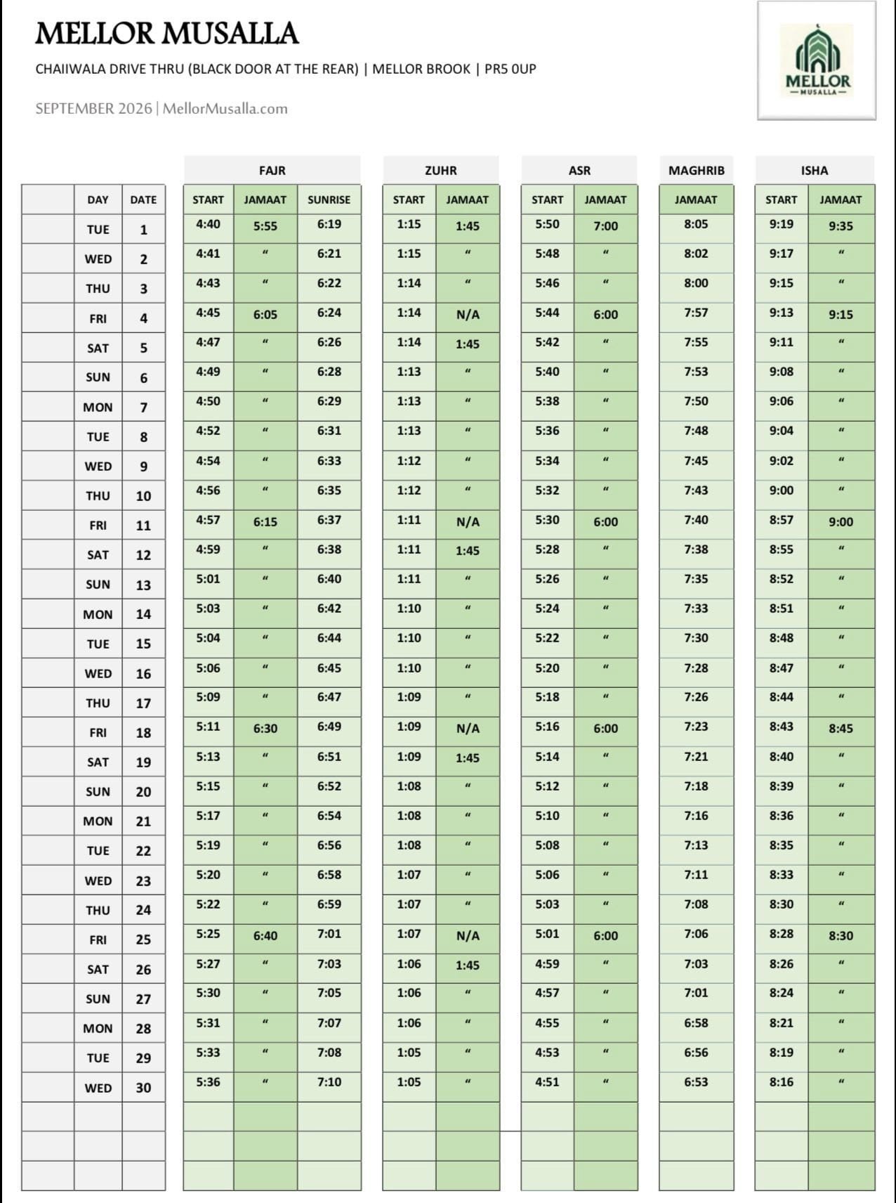 Timetable published by Mellor Musalla for September 2026