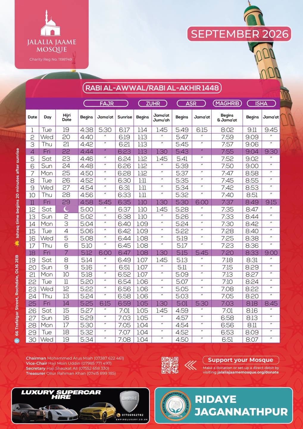 Timetable published by Jalalia Jaame Mosque for September 2026