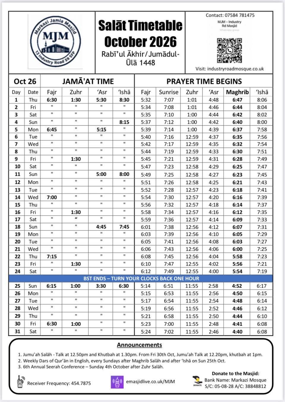 Timetable published by Markazi Jamia Mosque (Industry Rd Mosque) for October 2026