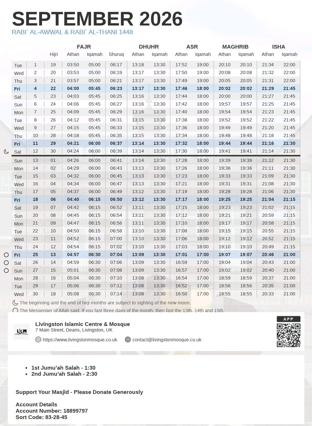 Timetable published by Livingston Islamic Centre & Mosque for September 2026