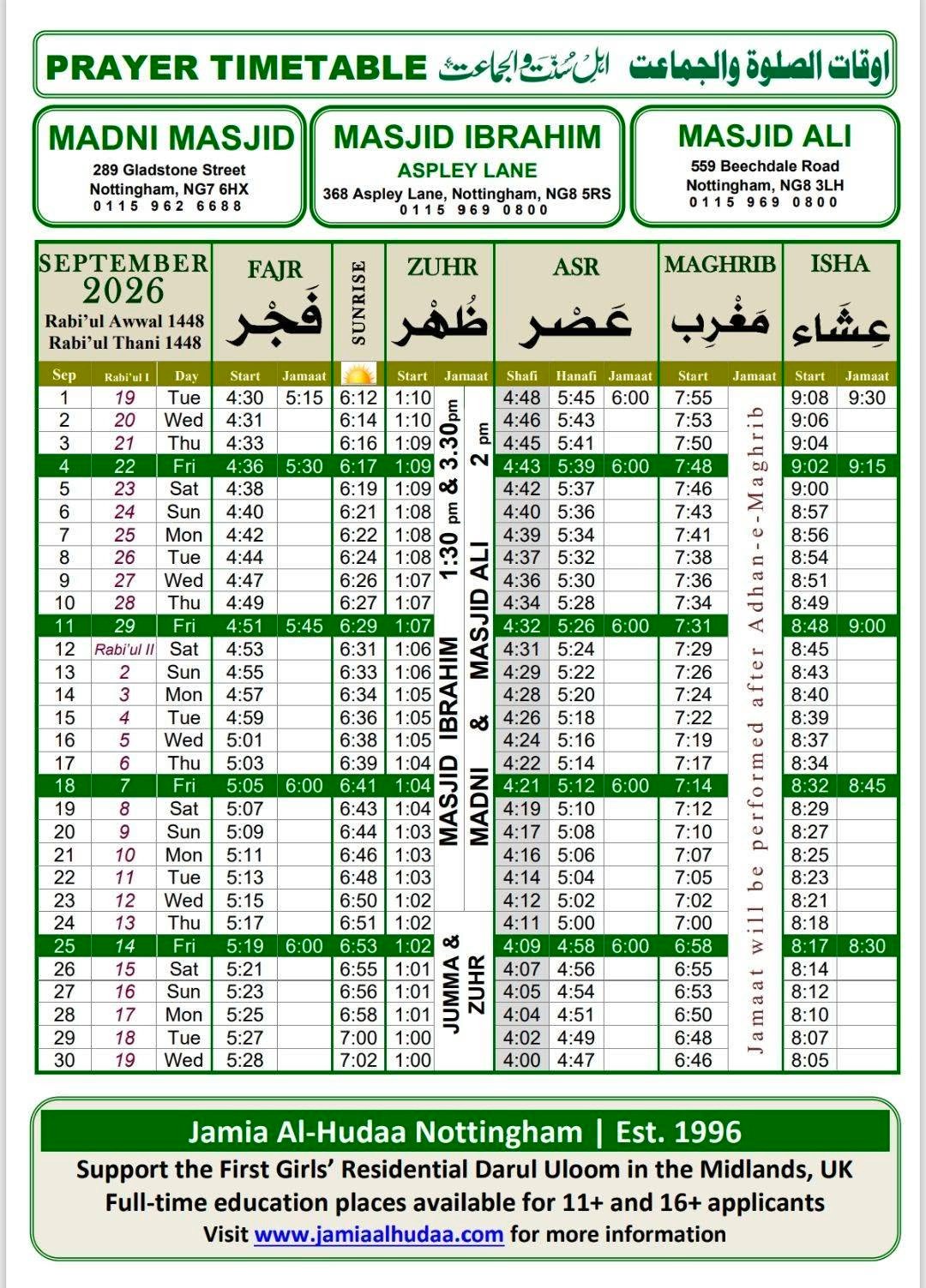 Timetable published by Masjid Ali for September 2026