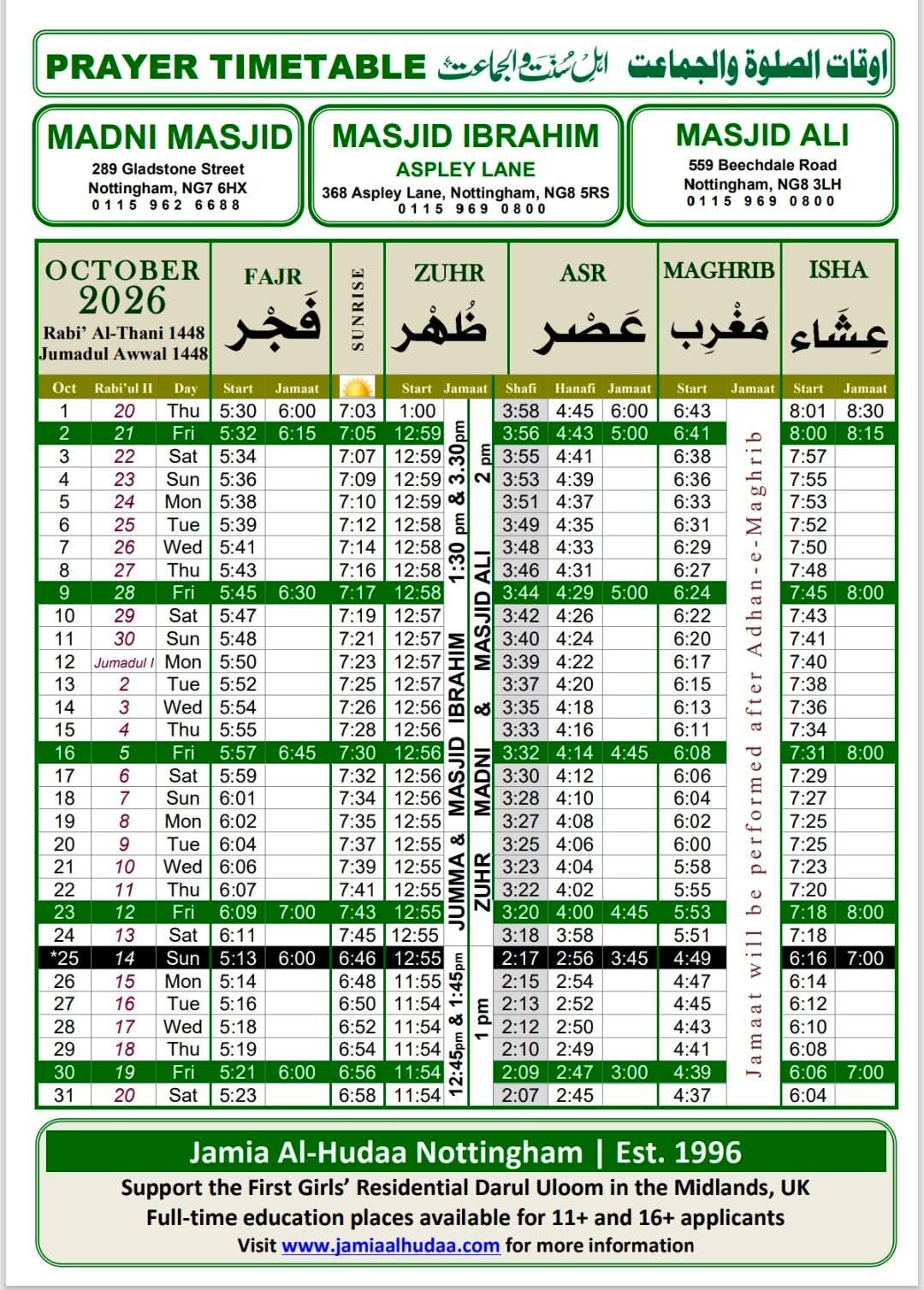 Timetable published by Masjid Ali for October 2026