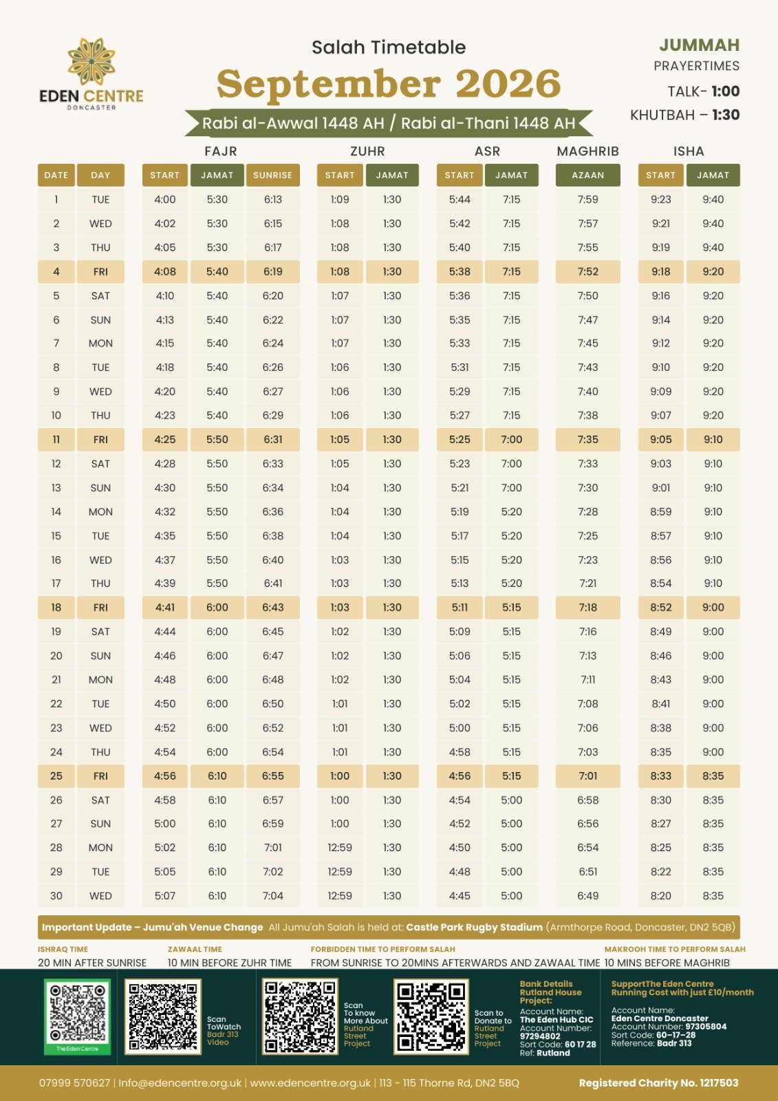 Timetable published by Eden Centre for September 2026