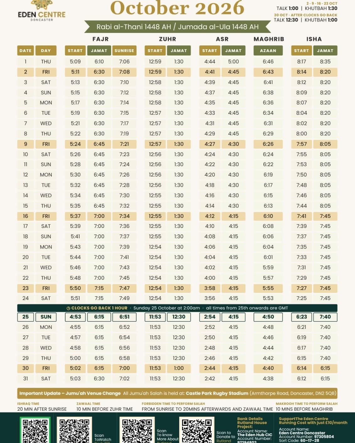 Timetable published by Eden Centre for October 2026