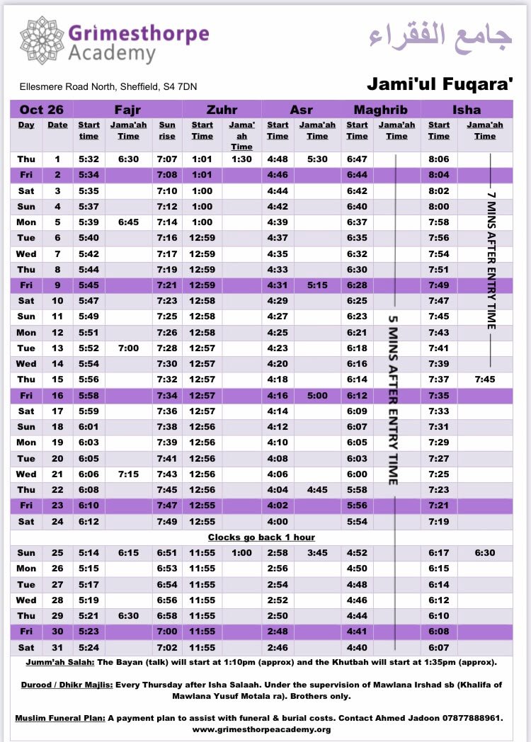 Timetable published by Grimesthorpe Academy (Jami'ul Fuqara') for October 2026