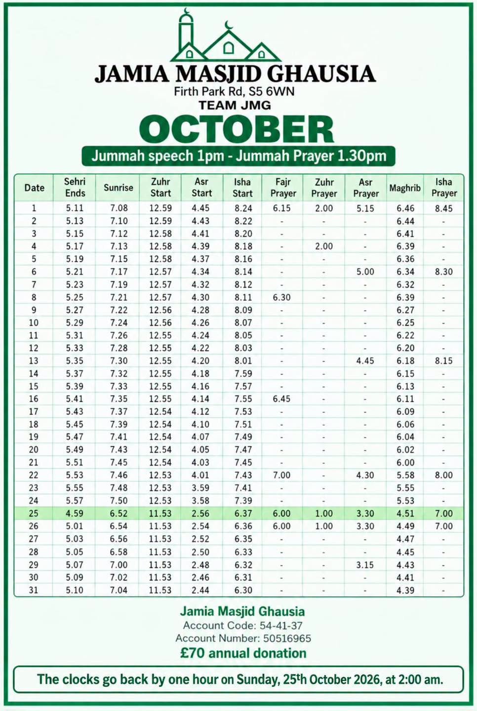Timetable published by Jamia Masjid Ghausia for October 2026