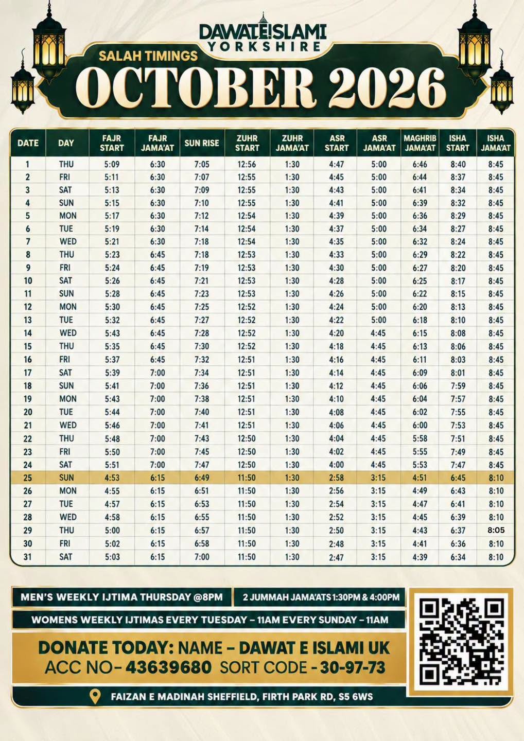 Timetable published by Faizan E Madinah for October 2026