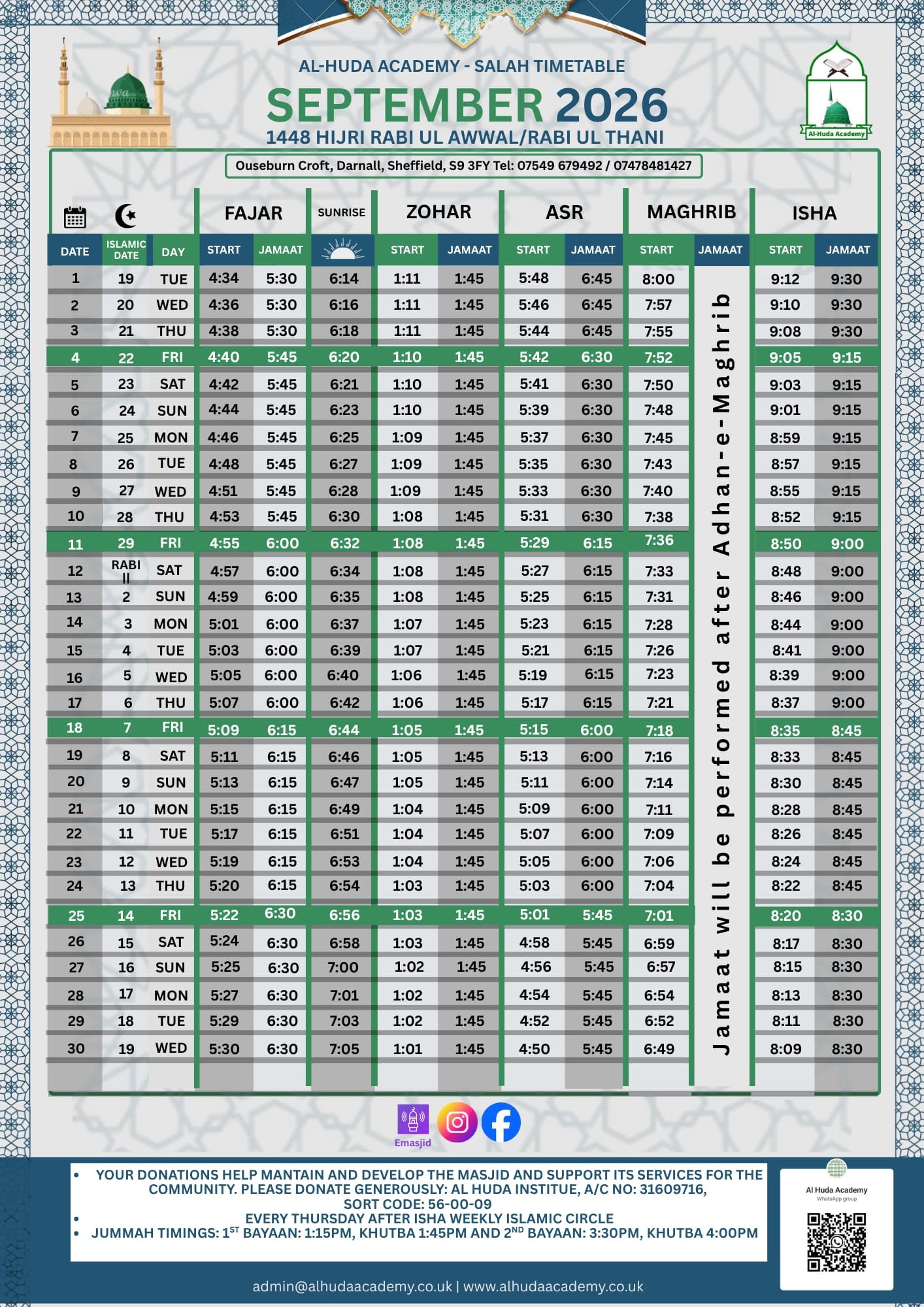 Timetable published by Al Huda Academy for September 2026