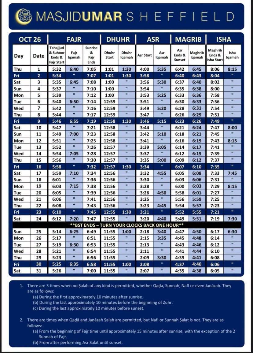 Timetable published by Masjid Umar for October 2026