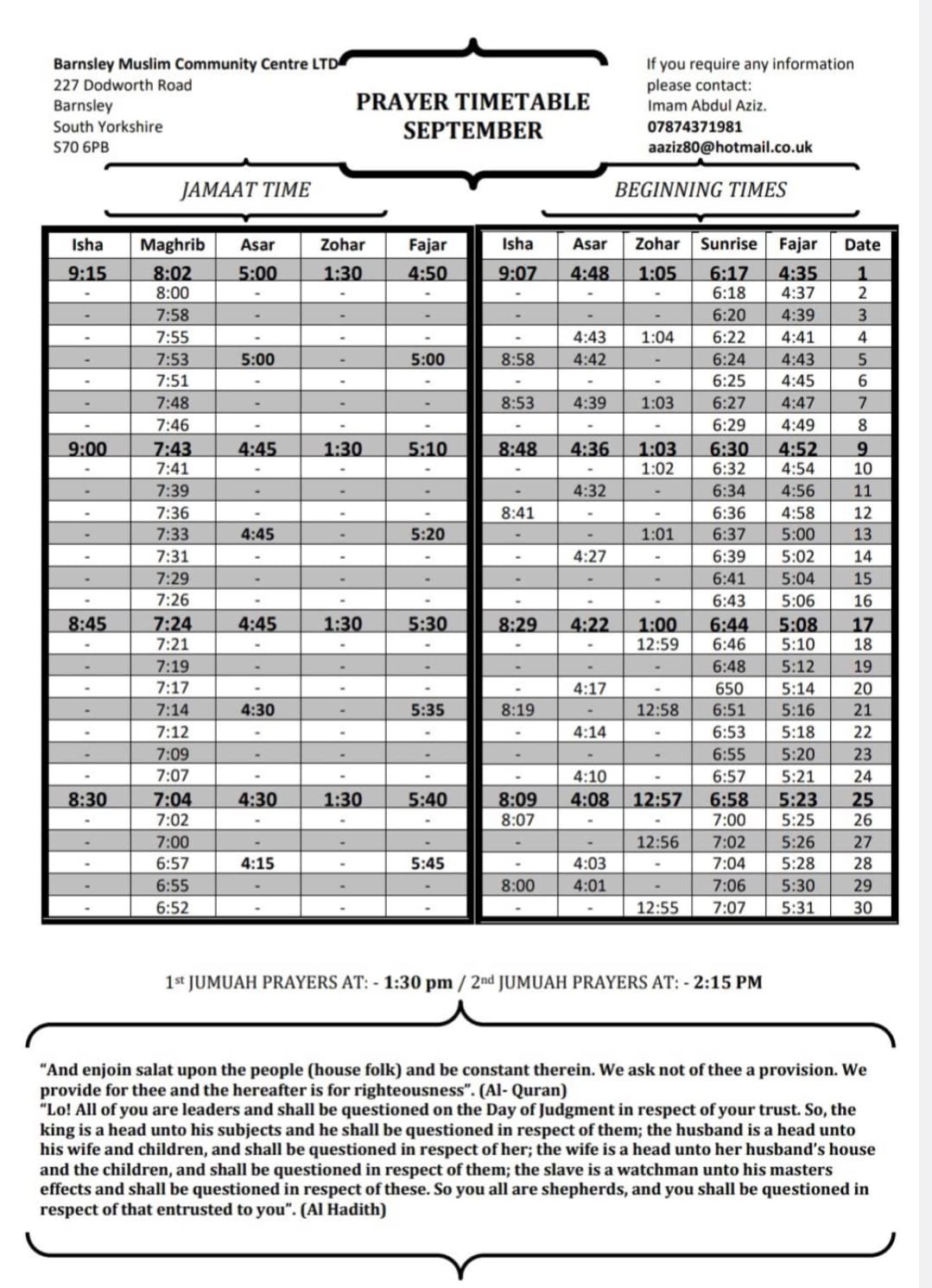 Timetable published by Barnsley Muslim Community Centre for September 2026