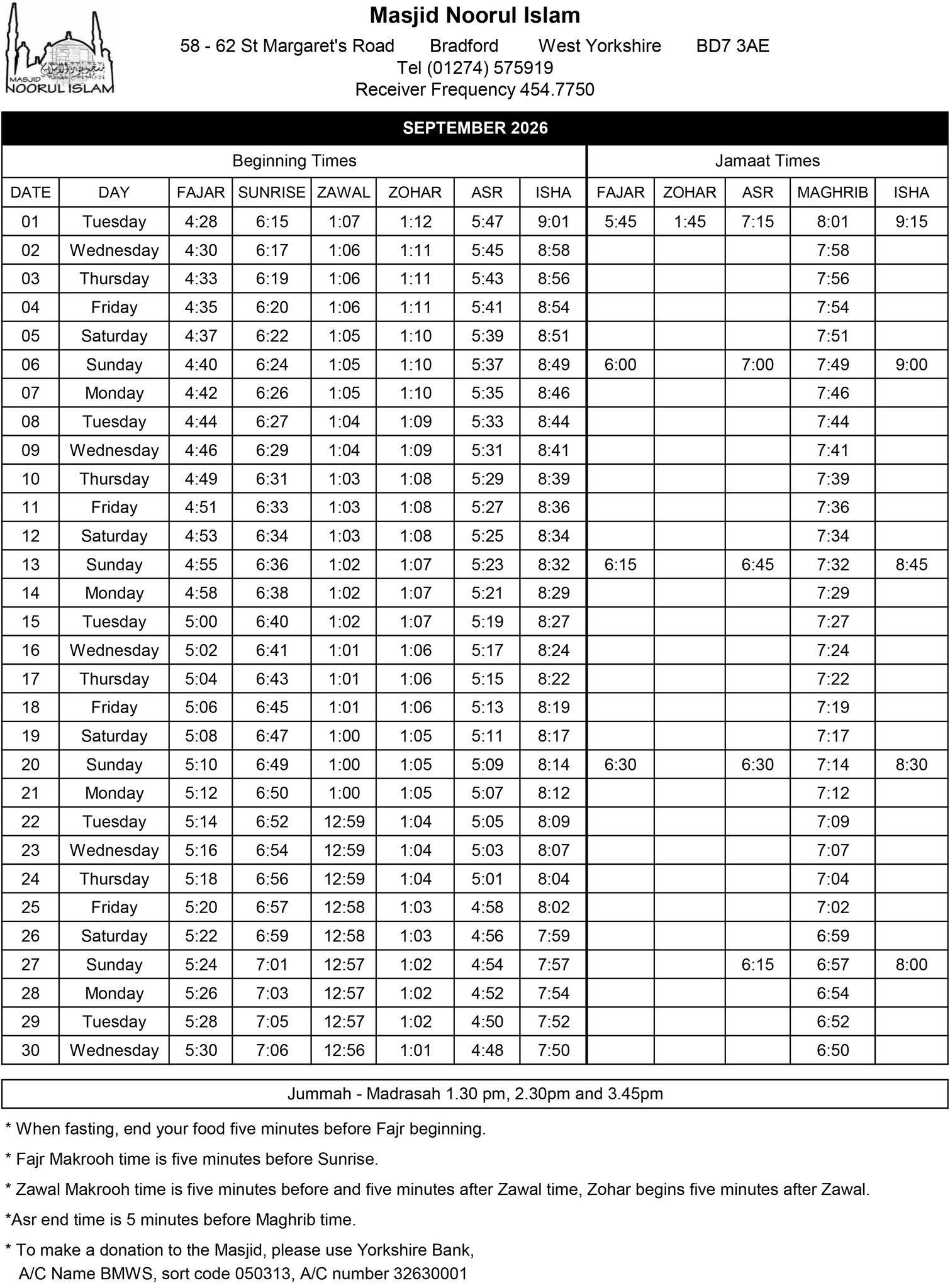 Timetable published by Masjid Noorul Islam for September 2026