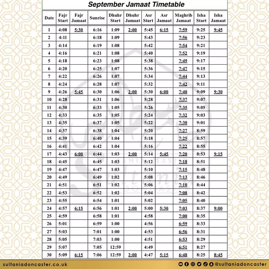 Timetable published by Doncaster Jamia Masjid Sultania for September 2026