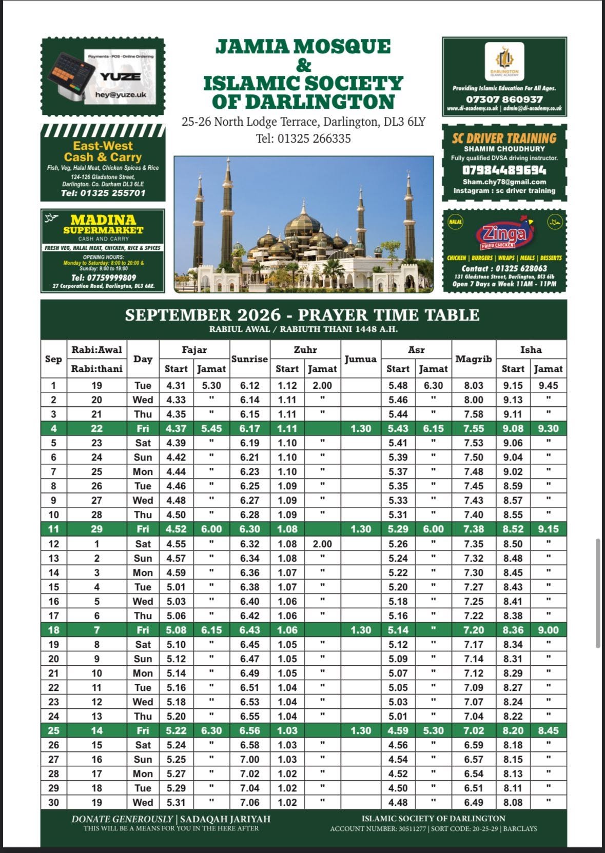 Timetable published by Jamia Mosque & Islamic Society Of Darlington for September 2026
