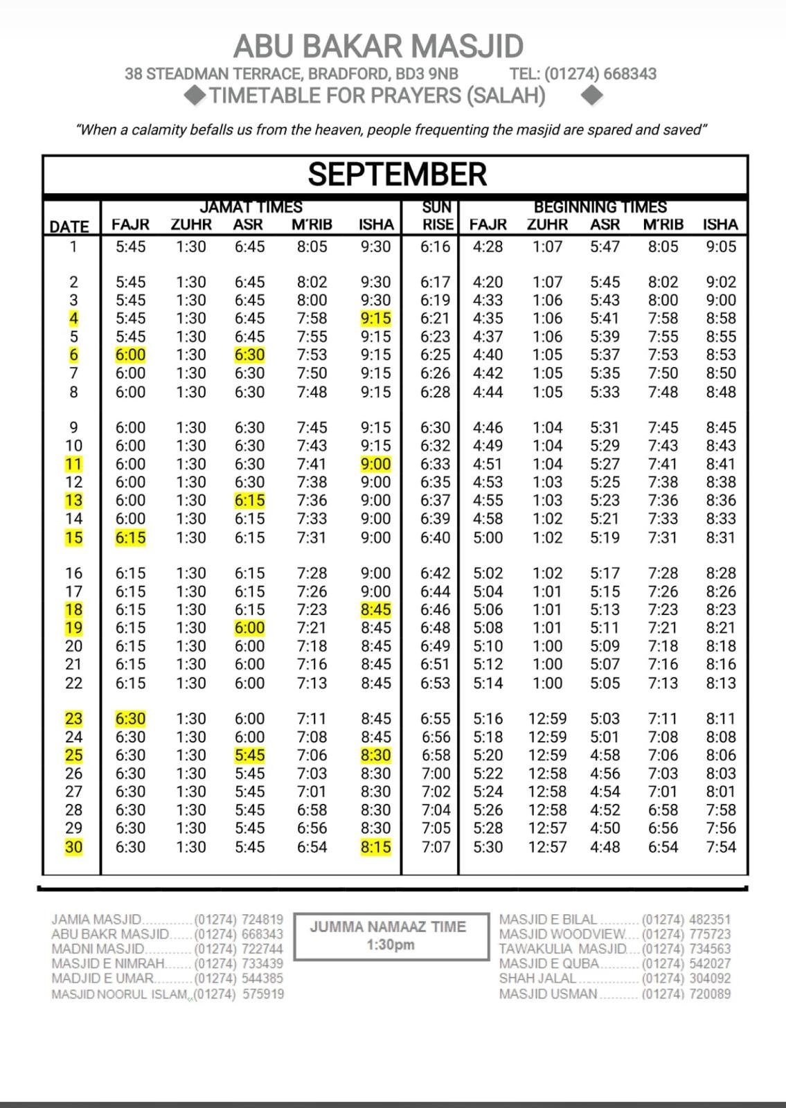 Timetable published by Masjid Abu Bakar for September 2026