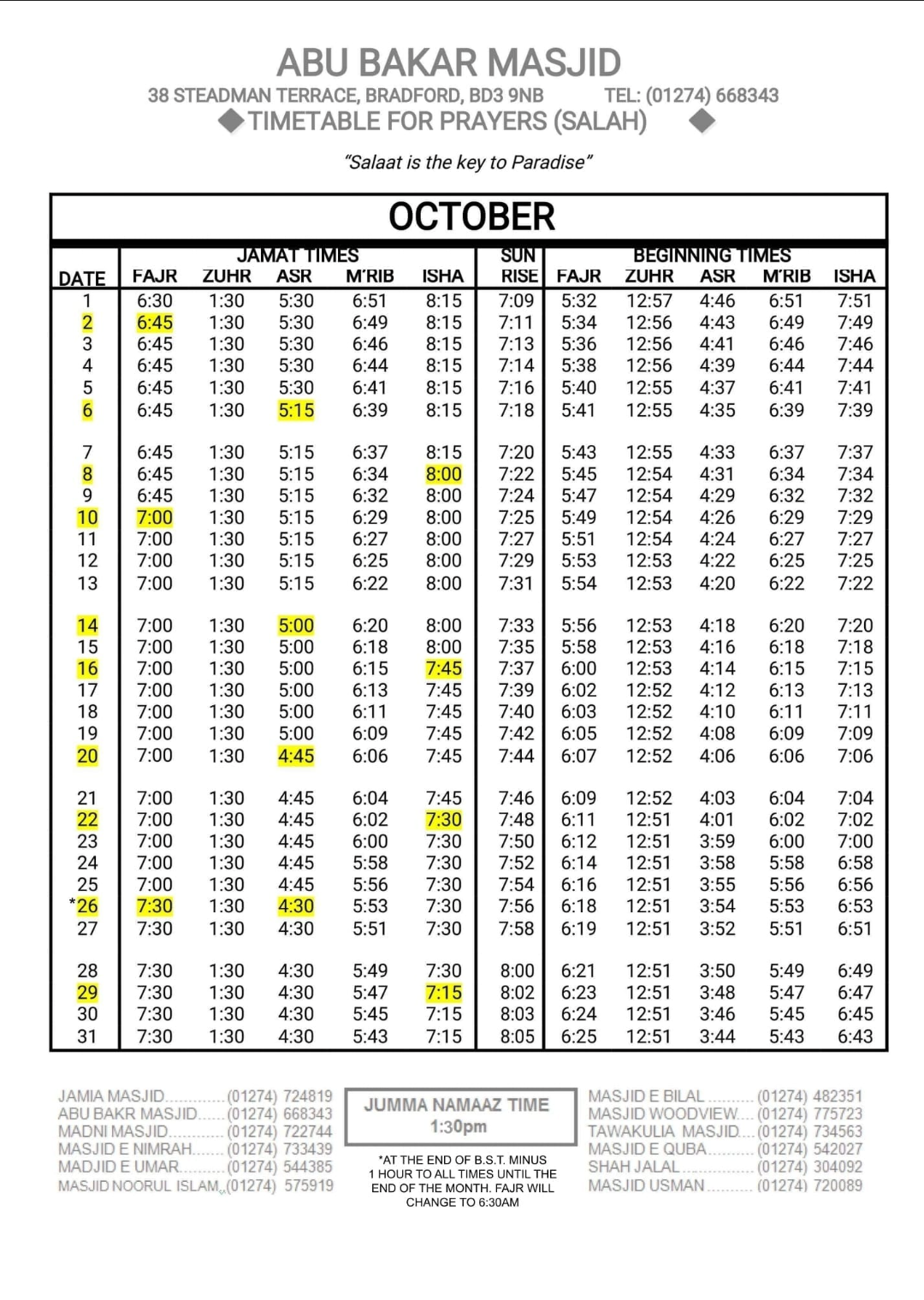 Timetable published by Masjid Abu Bakar for October 2026
