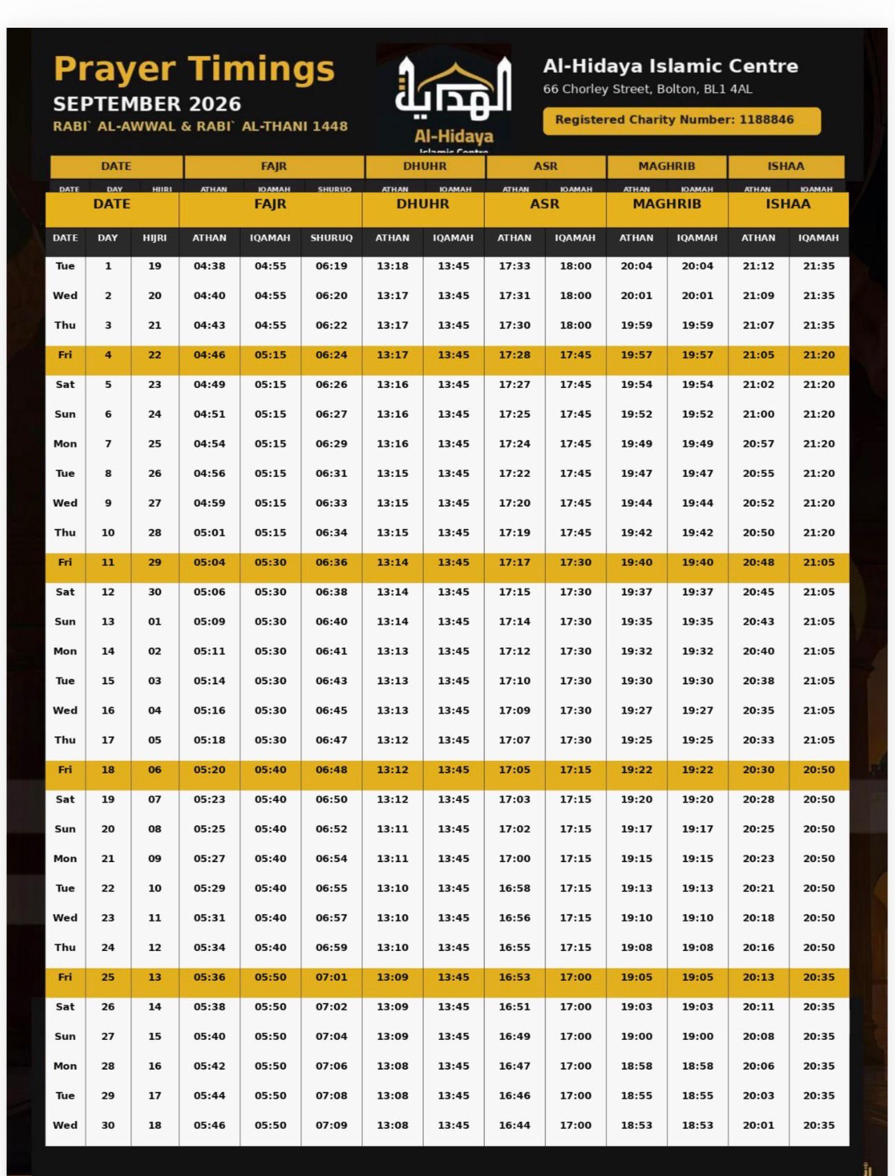 Timetable published by Al-Hidaya Islamic Centre for September 2026