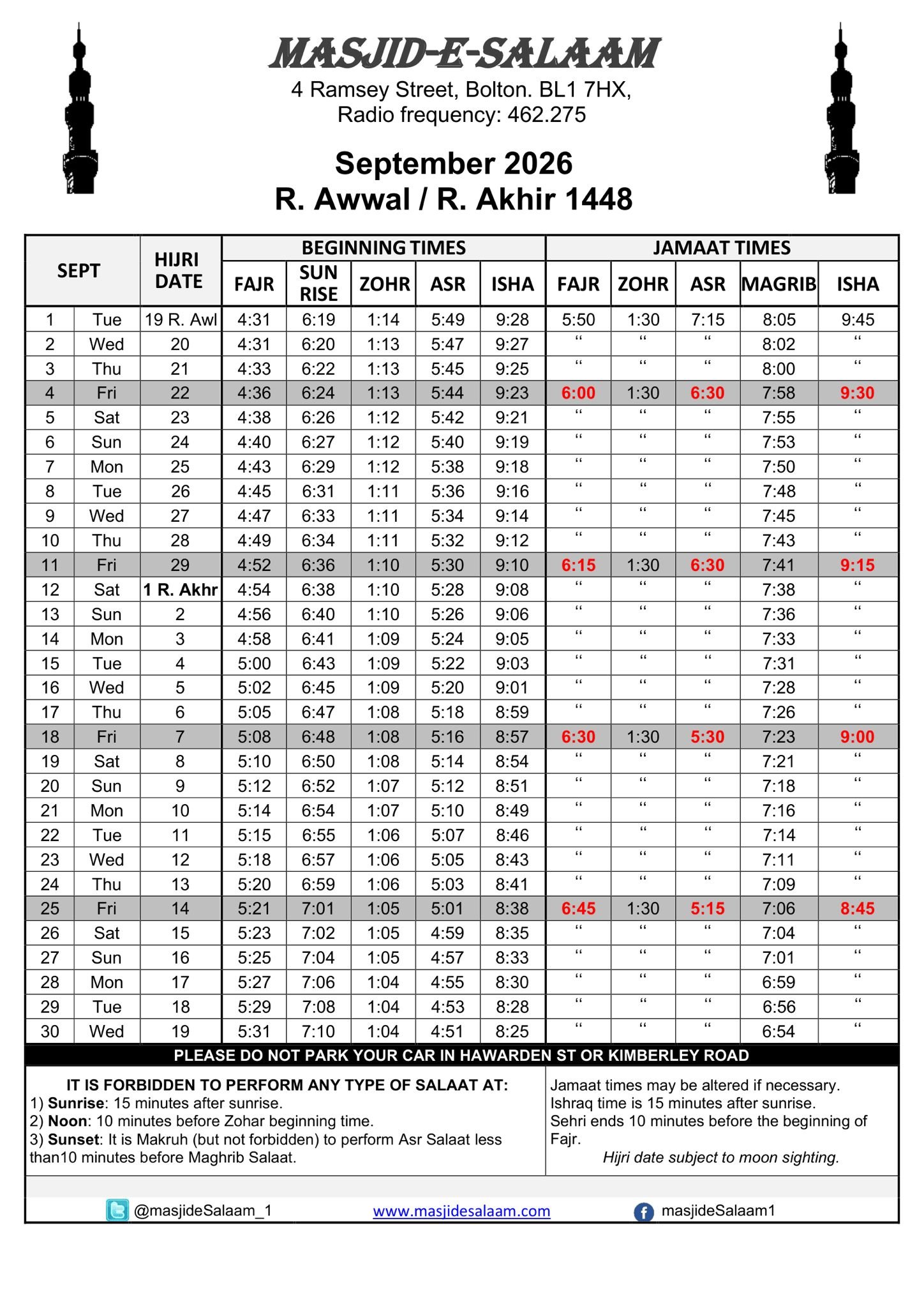 Timetable published by Masjid E Salaam for September 2026