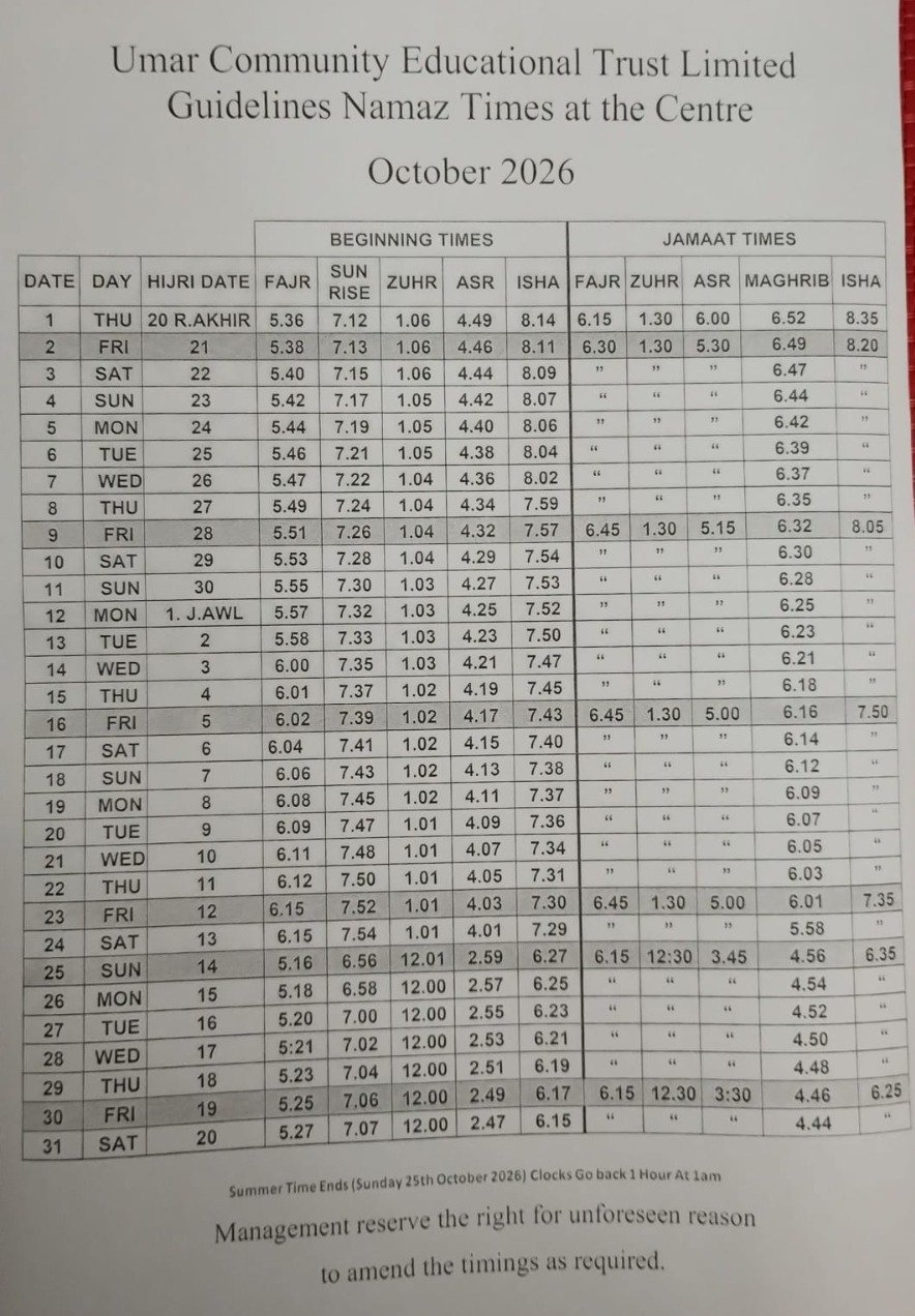 Timetable published by Masjid E Aishah for October 2026