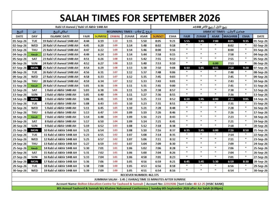 Timetable published by Masjid Abu Bakr for September 2026