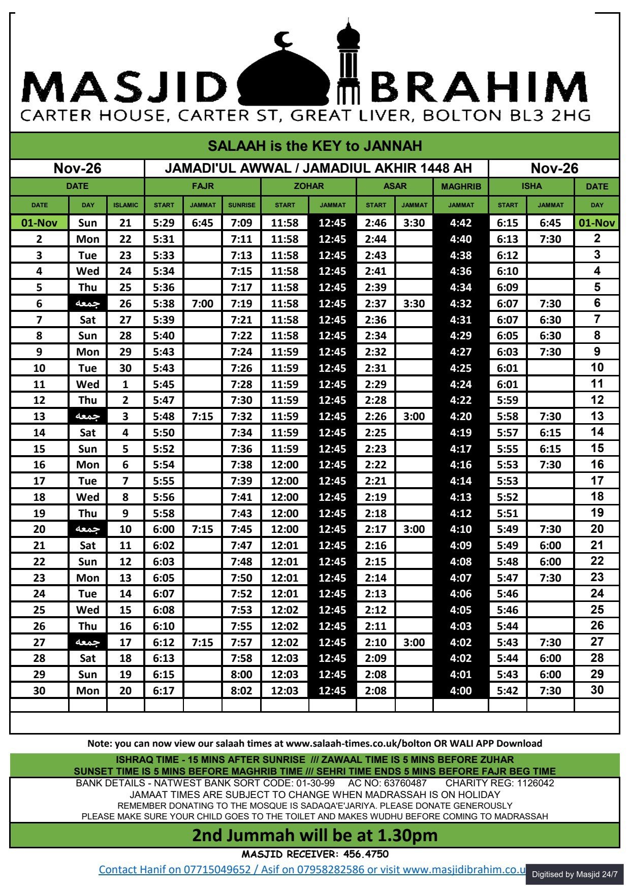 Timetable published by Masjid Ibraheem for November 2026