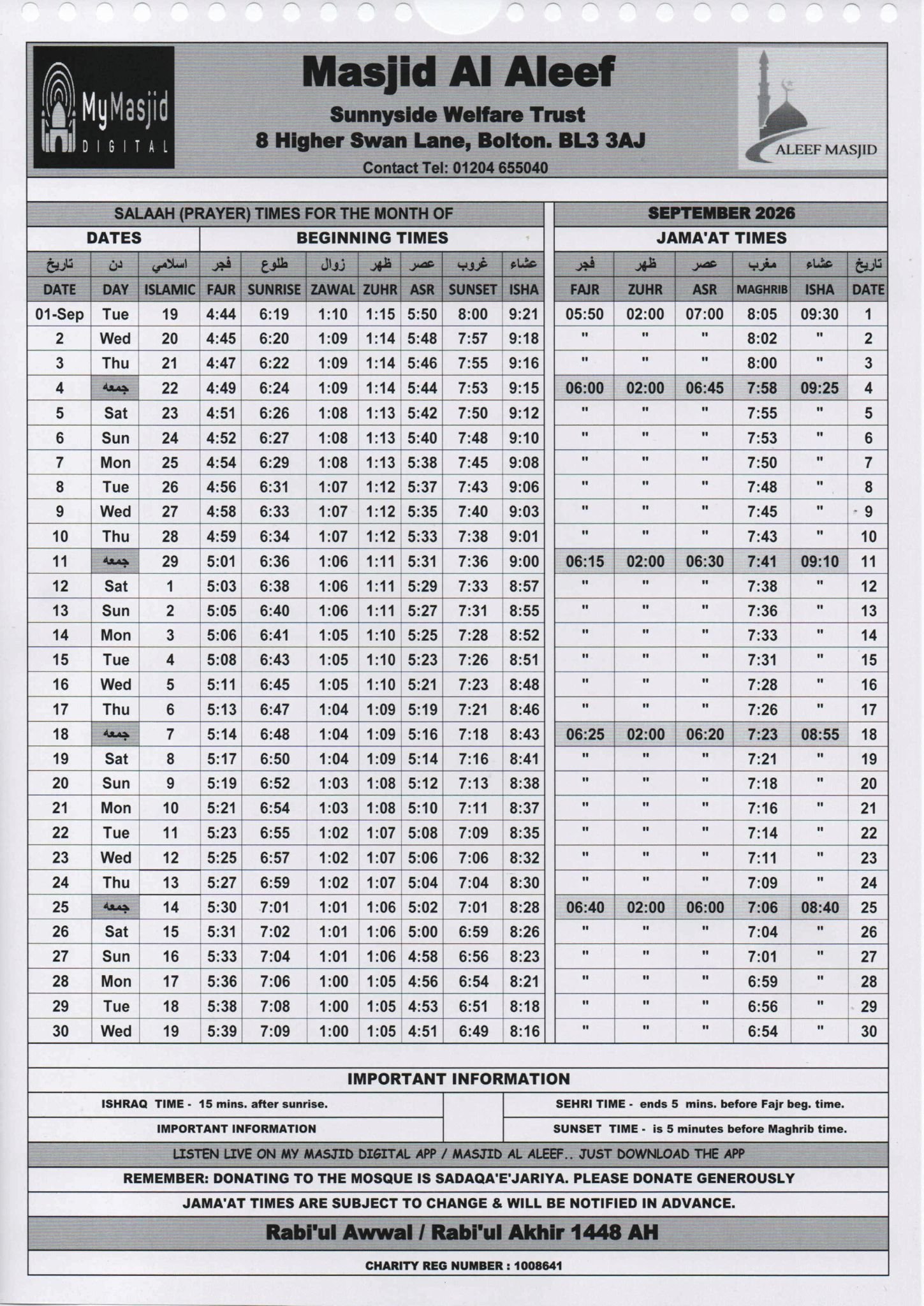 Timetable published by Masjid Aleef for September 2026