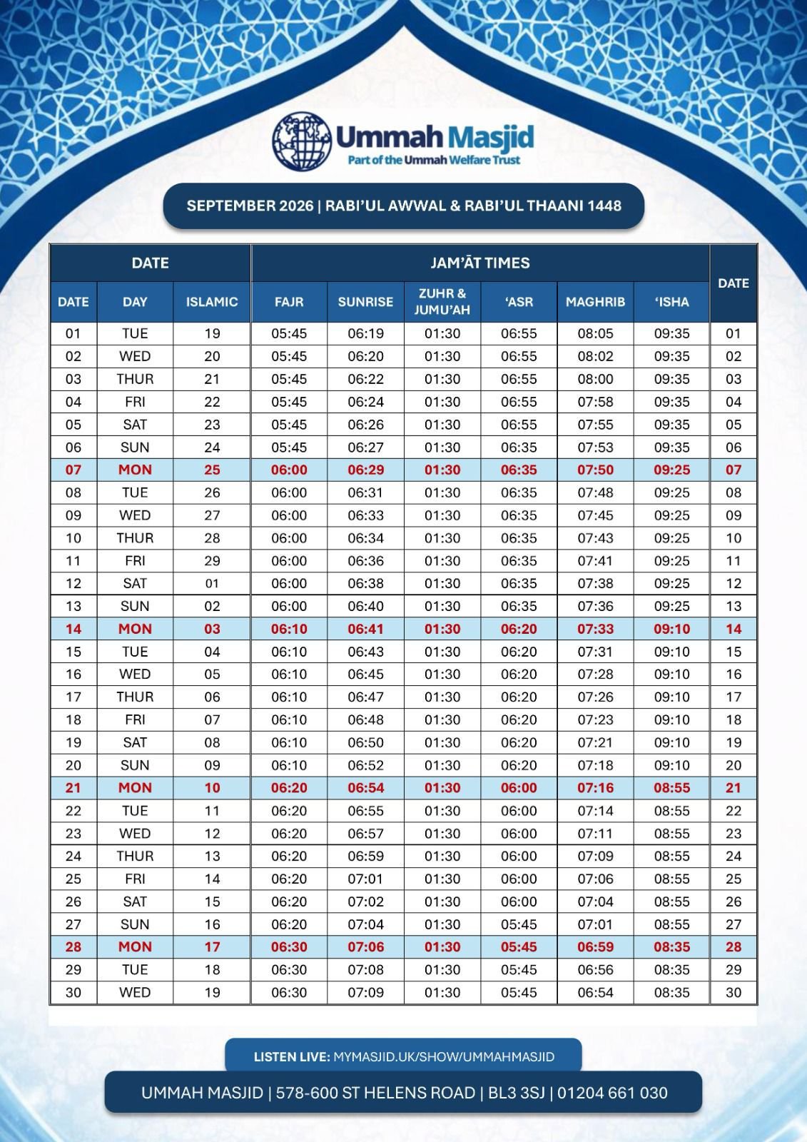 Timetable published by Ummah Masjid for September 2026