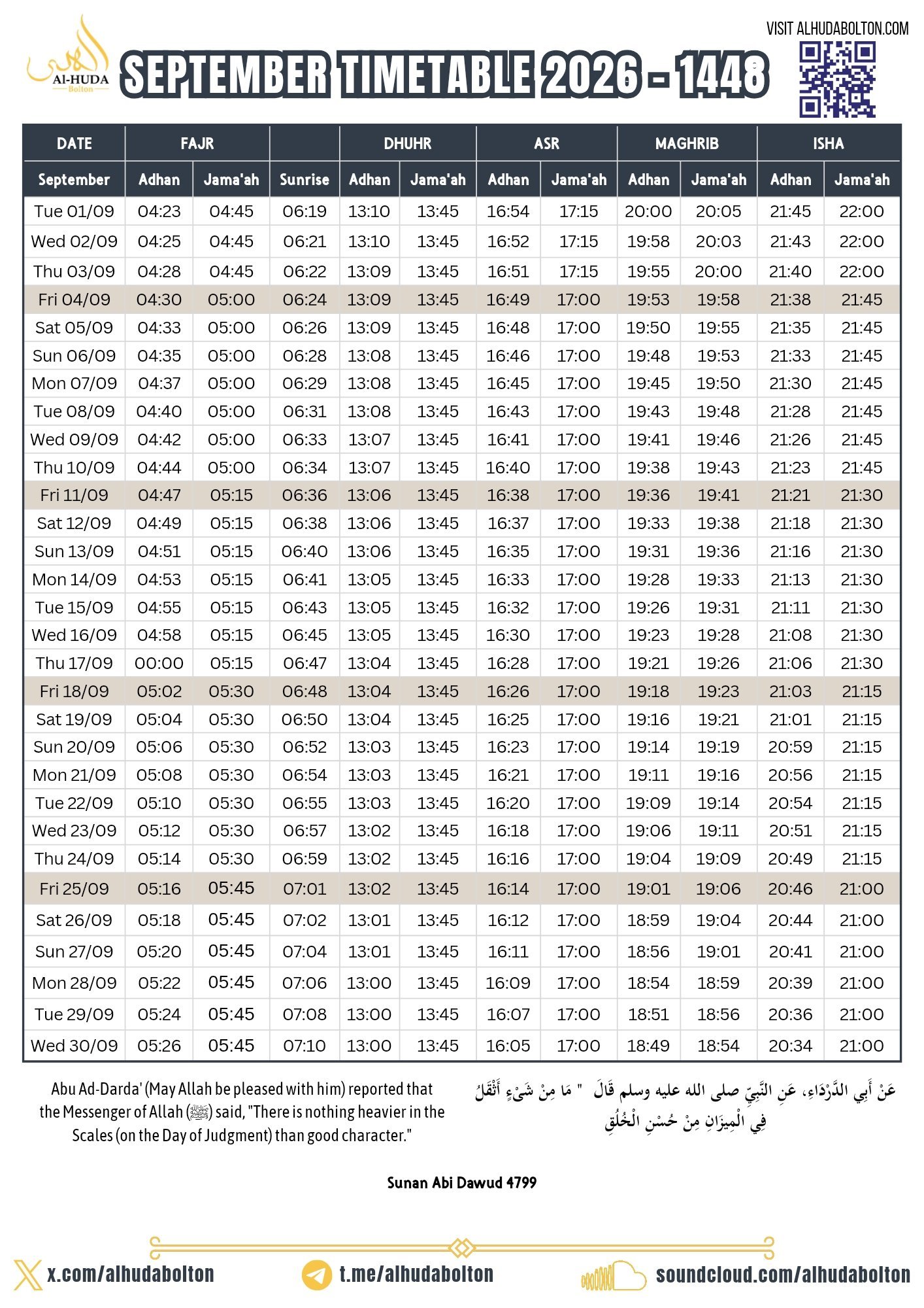 Timetable published by Alhuda Bolton for September 2026