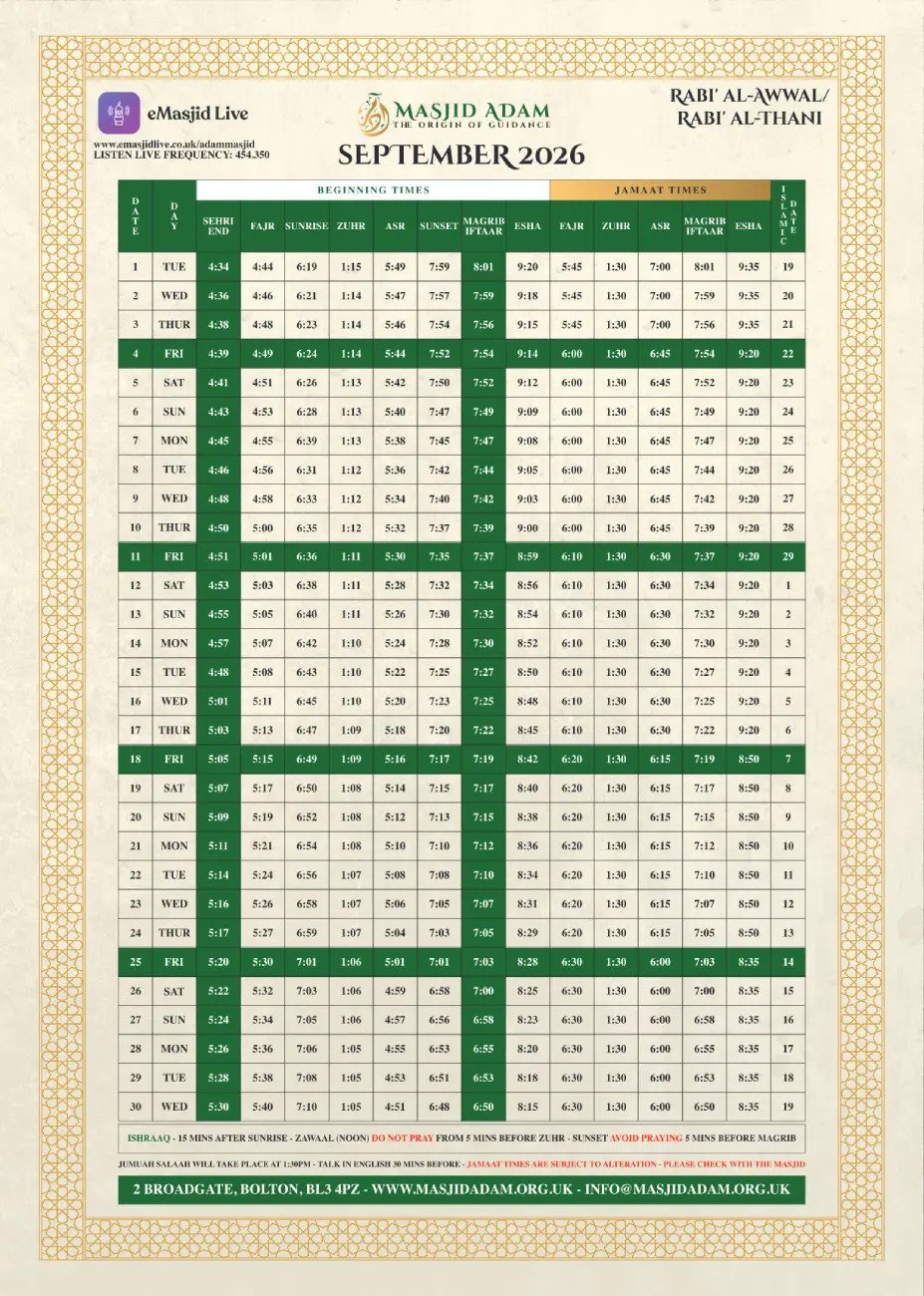Timetable published by Masjid Adam for September 2026