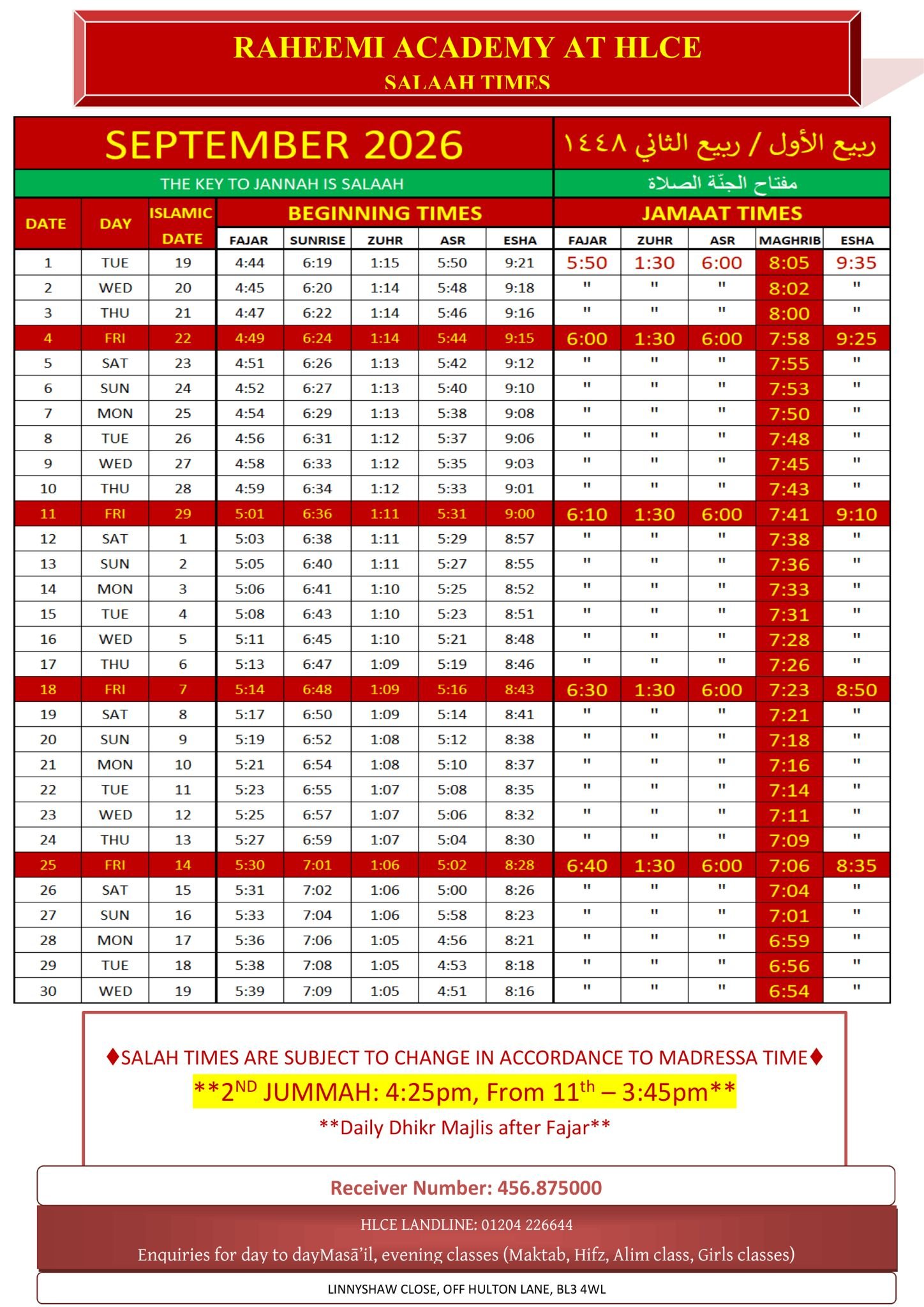 Timetable published by Raheemi Academy HLCE for September 2026