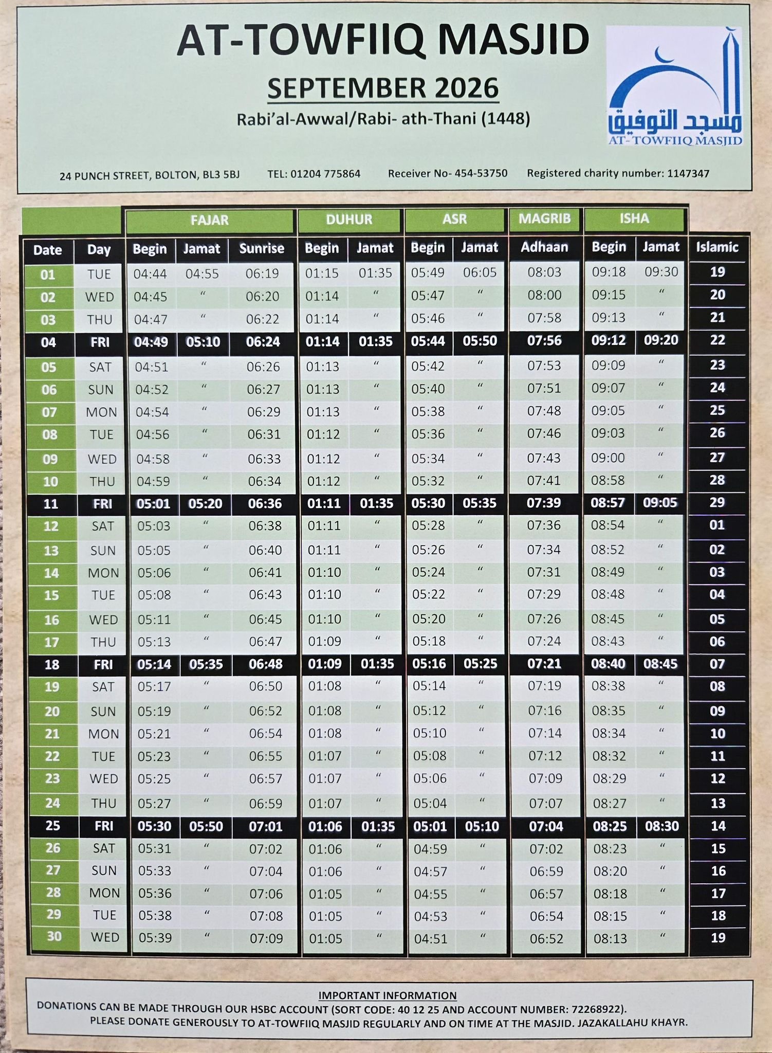 Timetable published by Masjid At Towfiiq for September 2026
