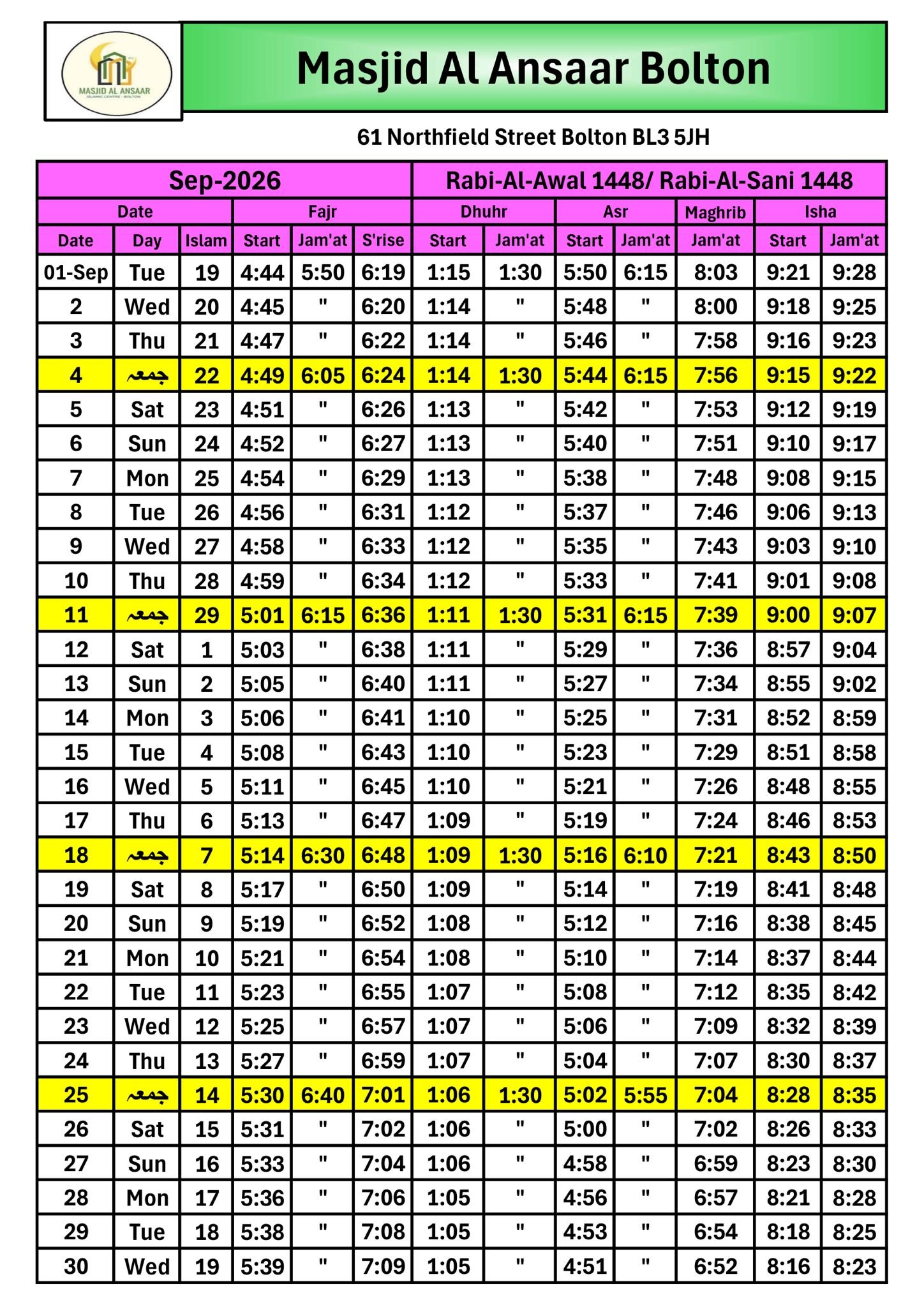 Timetable published by Masjid Al Ansaar for September 2026