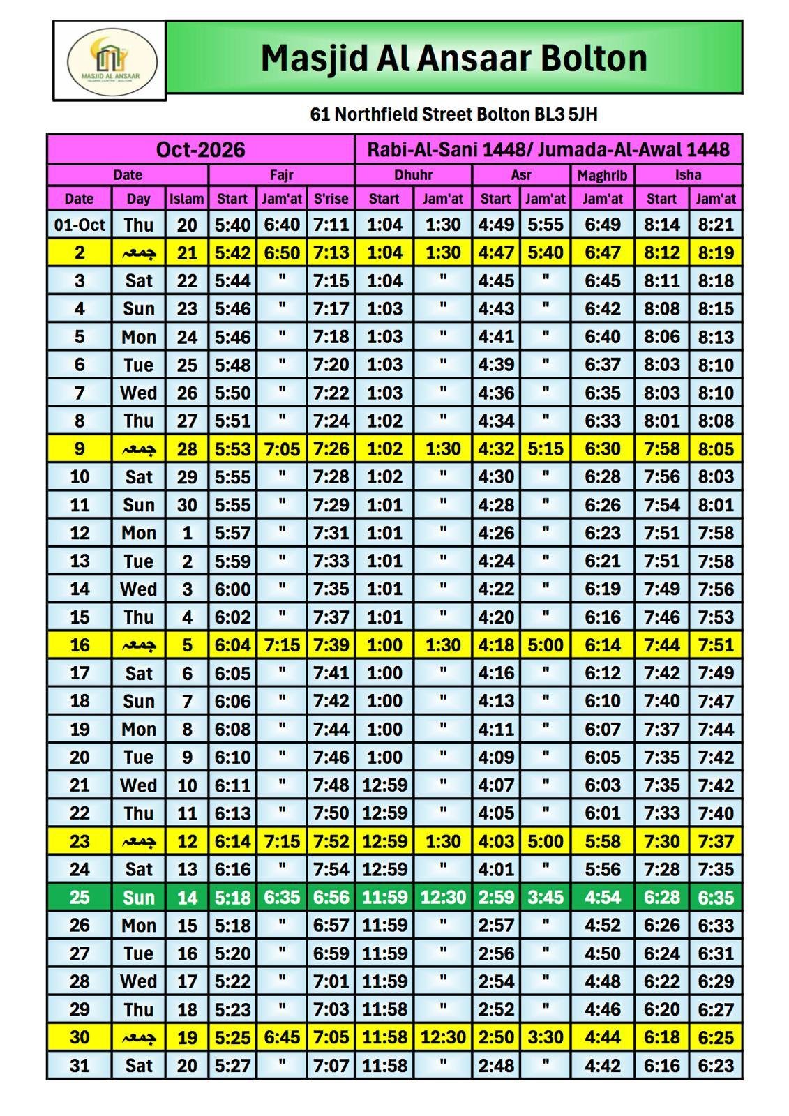 Timetable published by Masjid Al Ansaar for October 2026