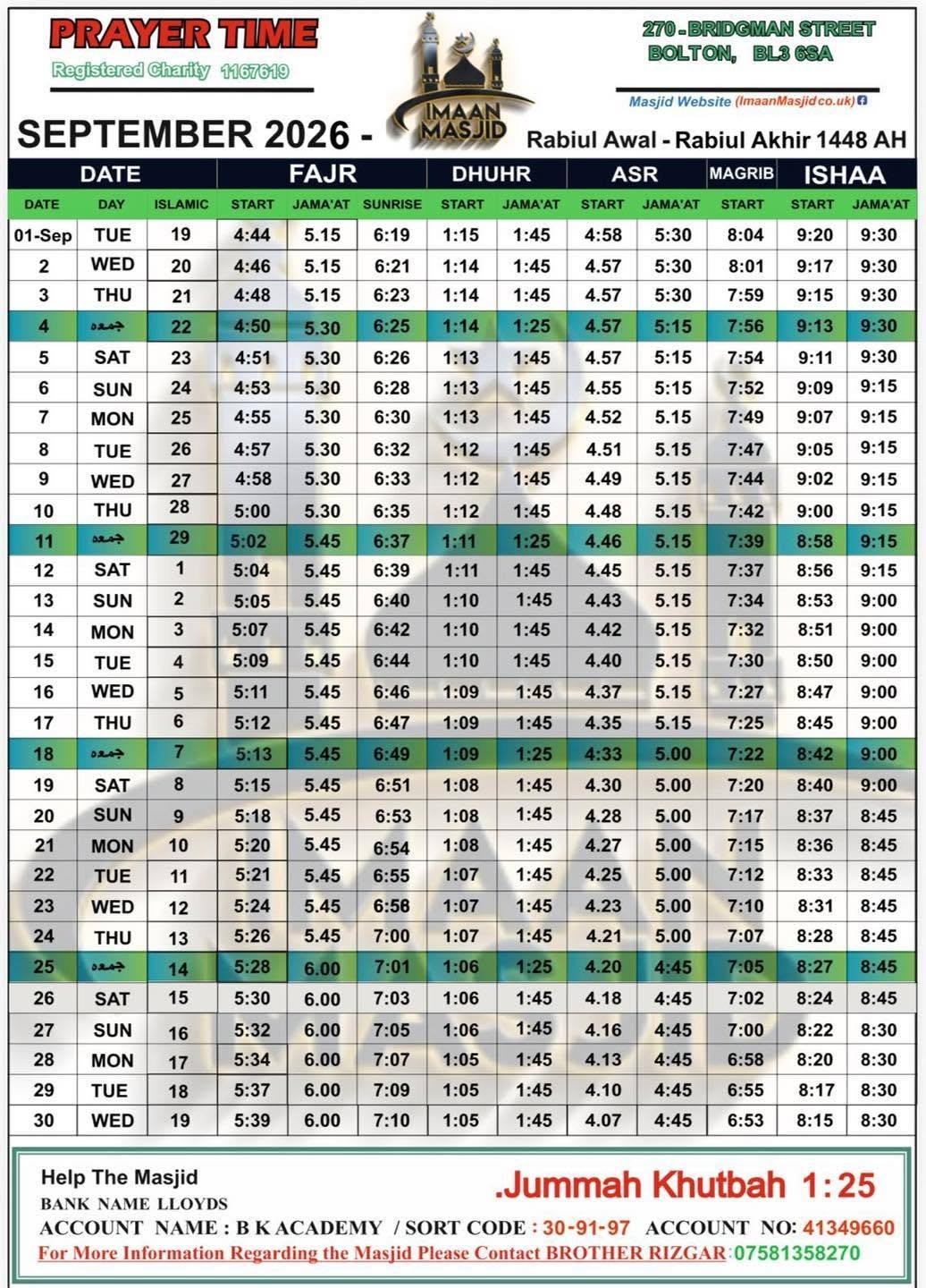 Timetable published by Imaan Masjid Bolton for September 2026