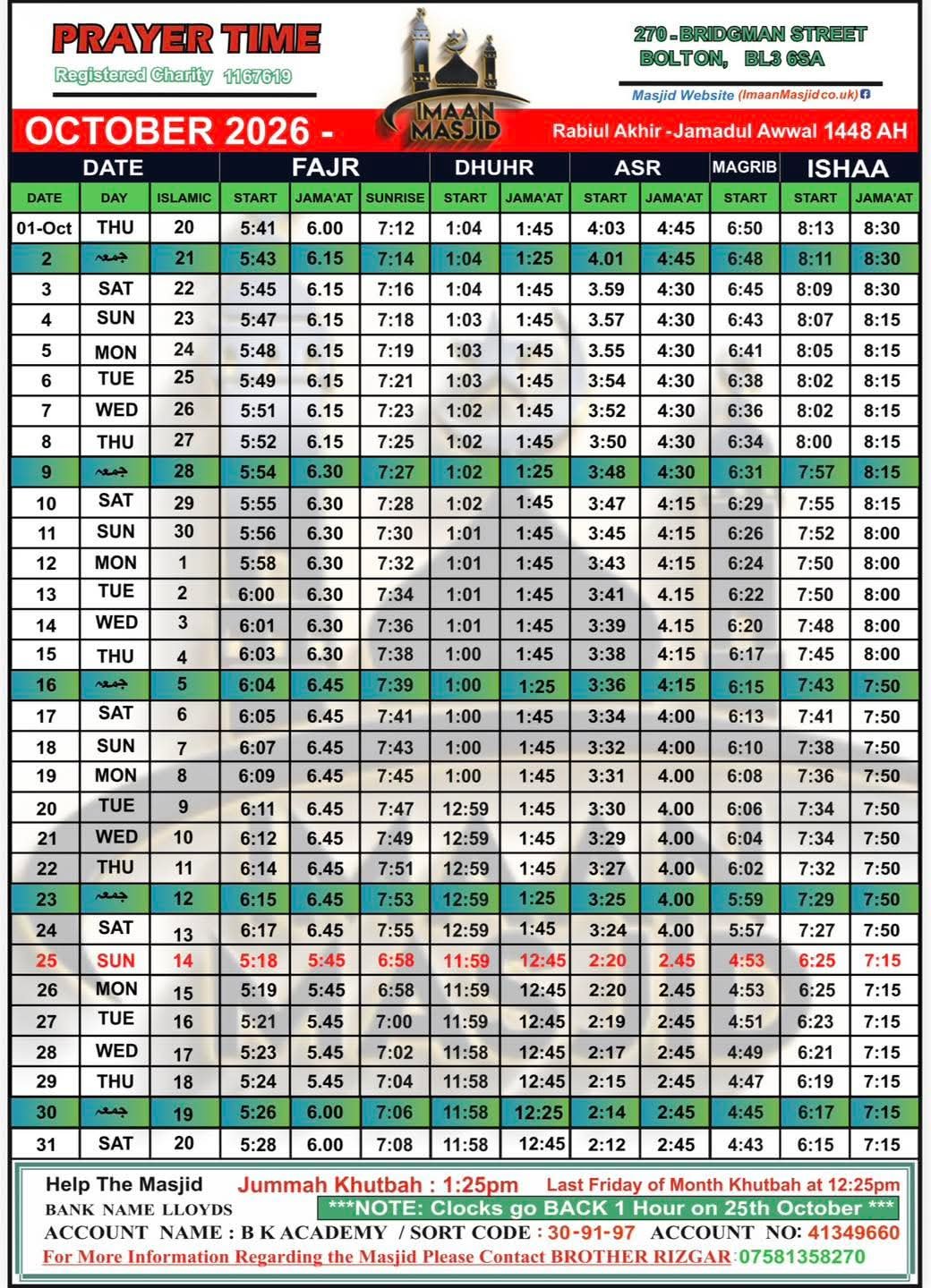 Timetable published by Imaan Masjid Bolton for October 2026