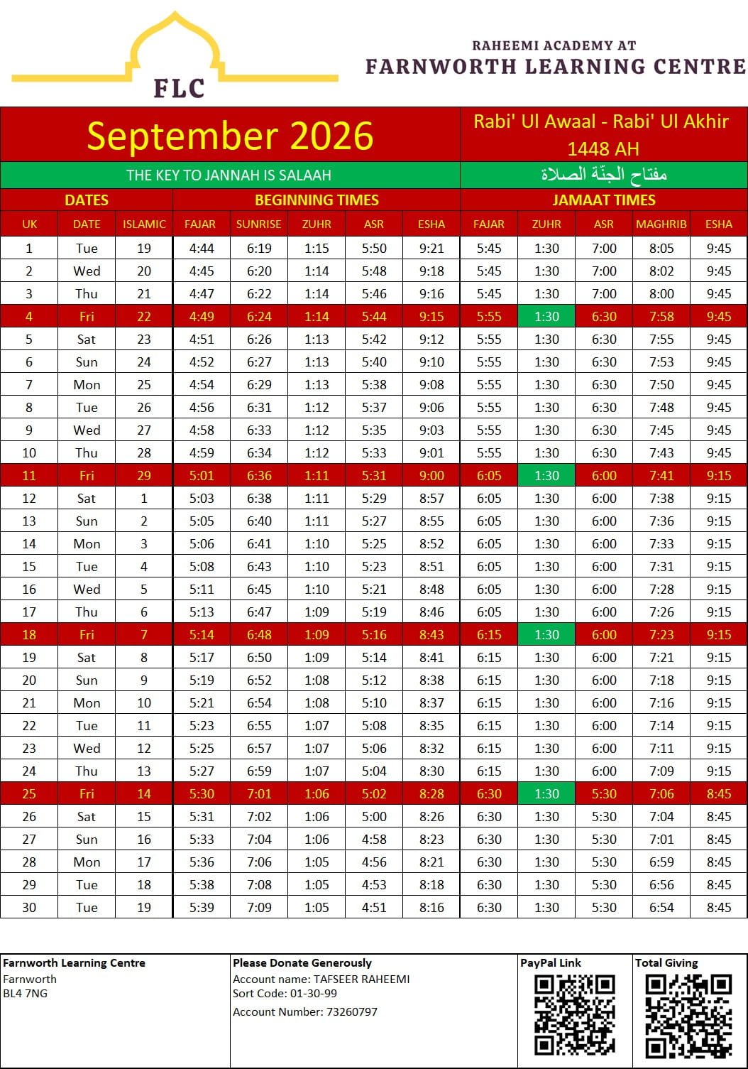 Timetable published by Farnworth Learning Centre for September 2026