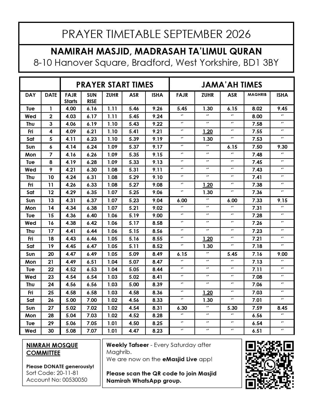 Timetable published by Masjid Nimrah for September 2026
