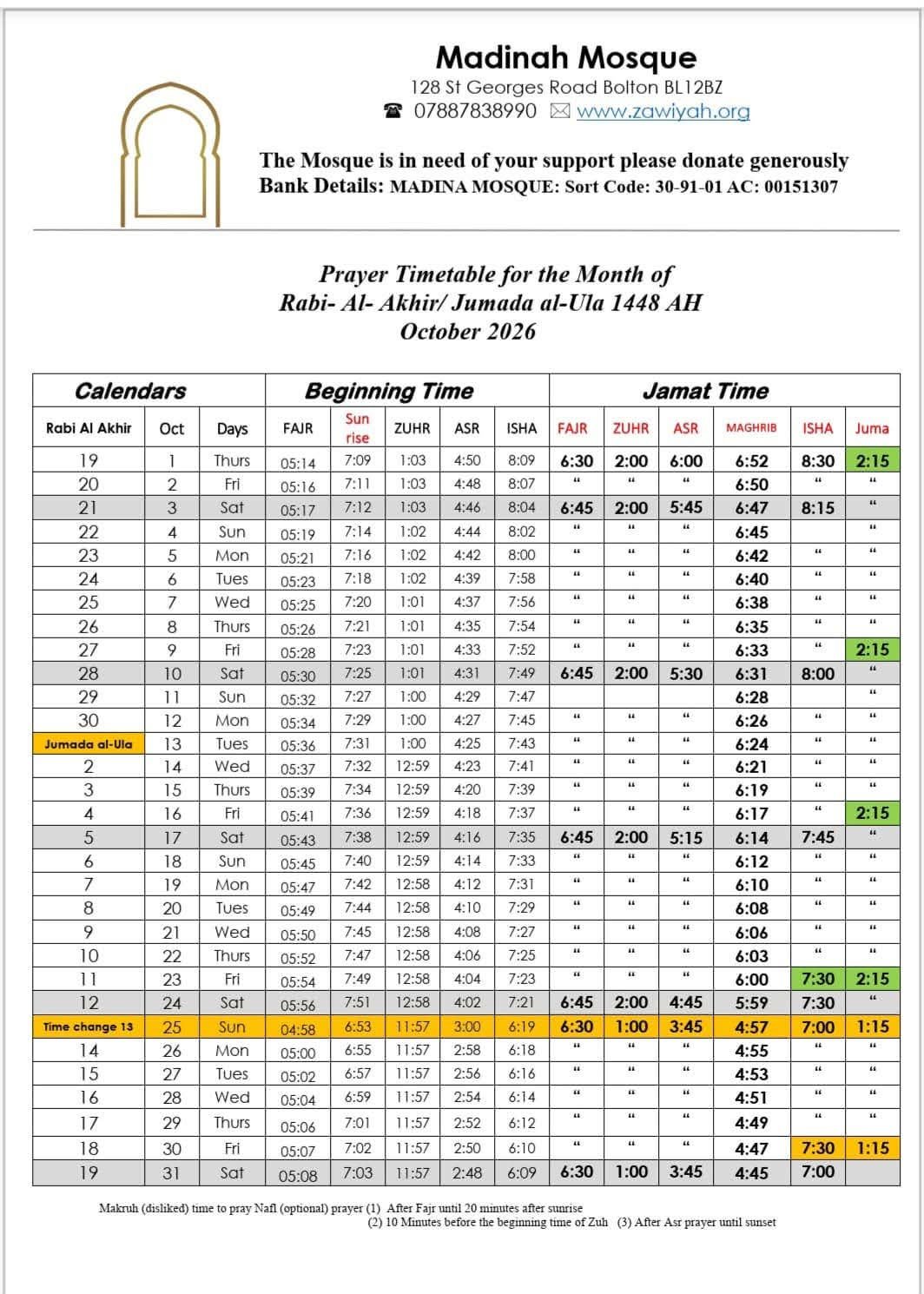 Timetable published by Madinah Mosque for October 2026