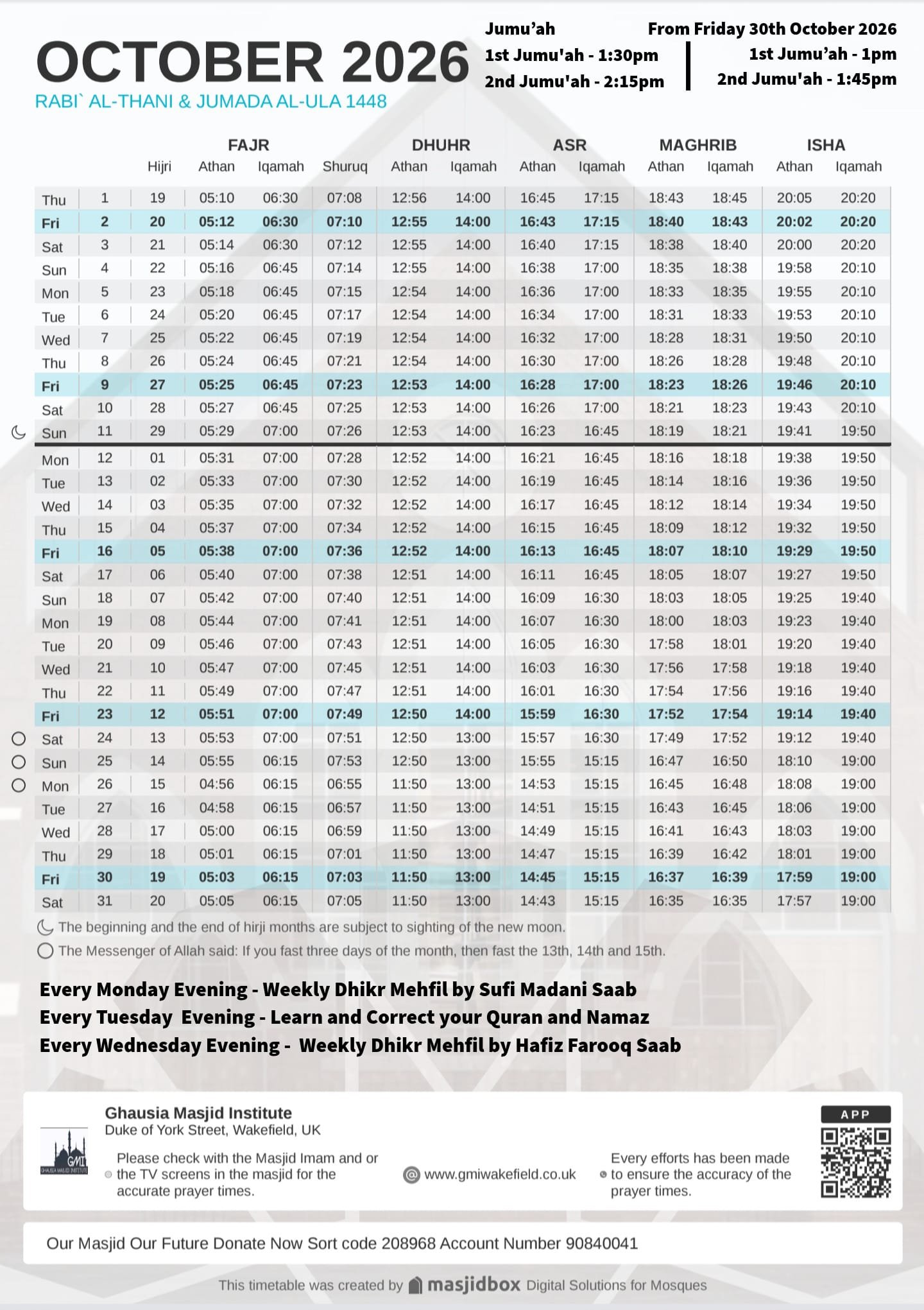 Timetable published by Ghousia Masjid Institute for October 2026