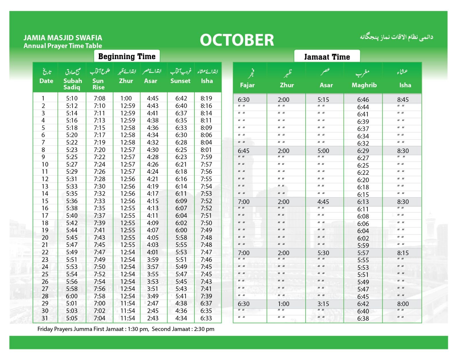 Timetable published by Jamia Masjid Swafia for October 2026