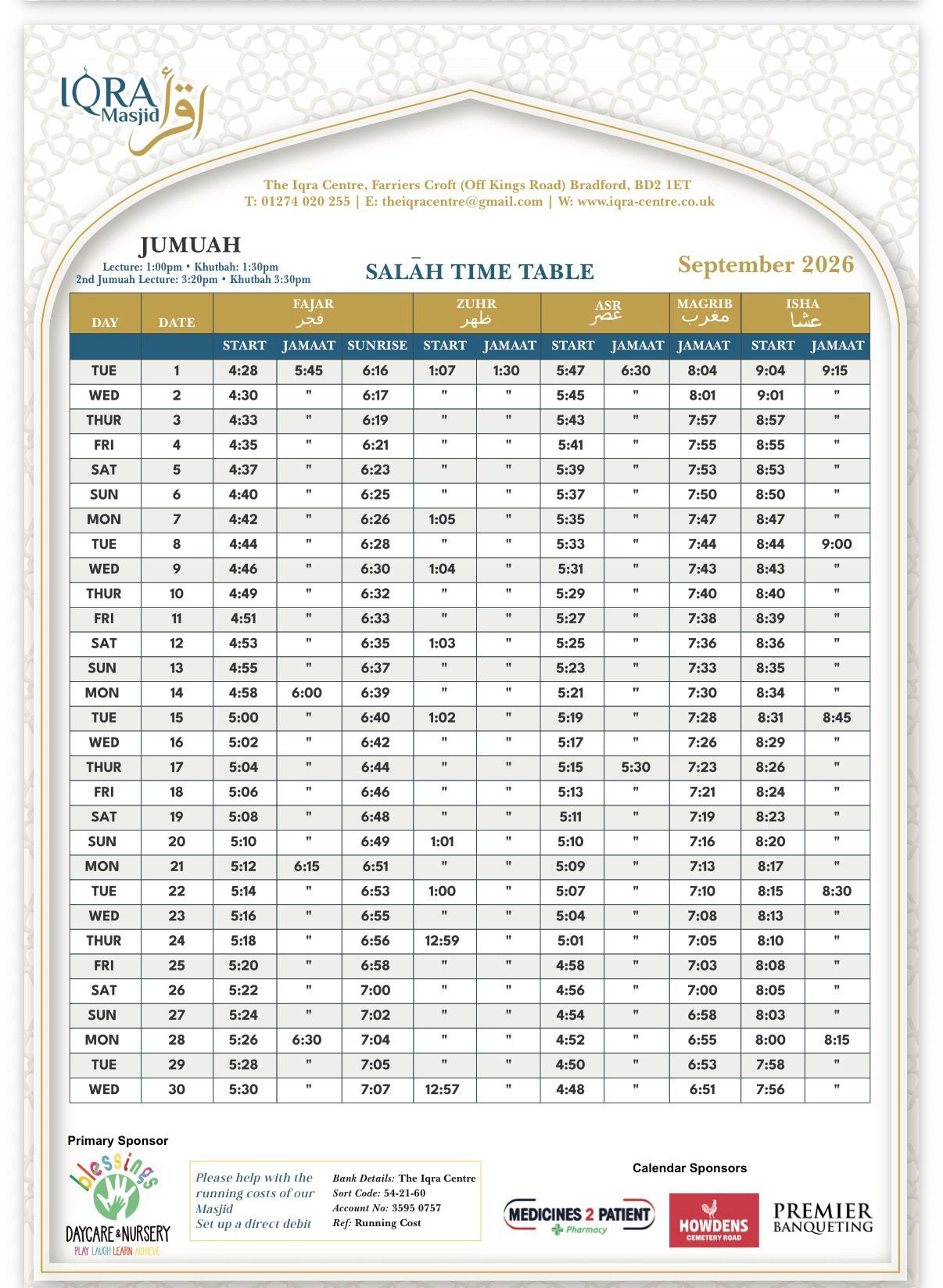 Timetable published by Iqra Masjid for September 2026