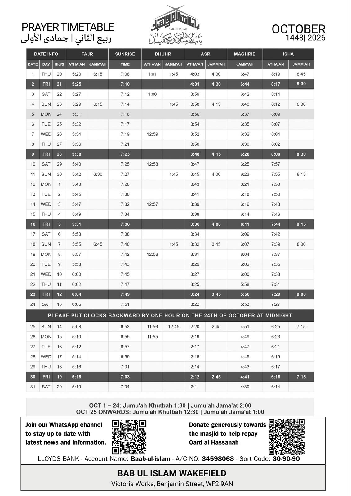 Timetable published by Markaz Bab Ul Islam Wakefield for October 2026