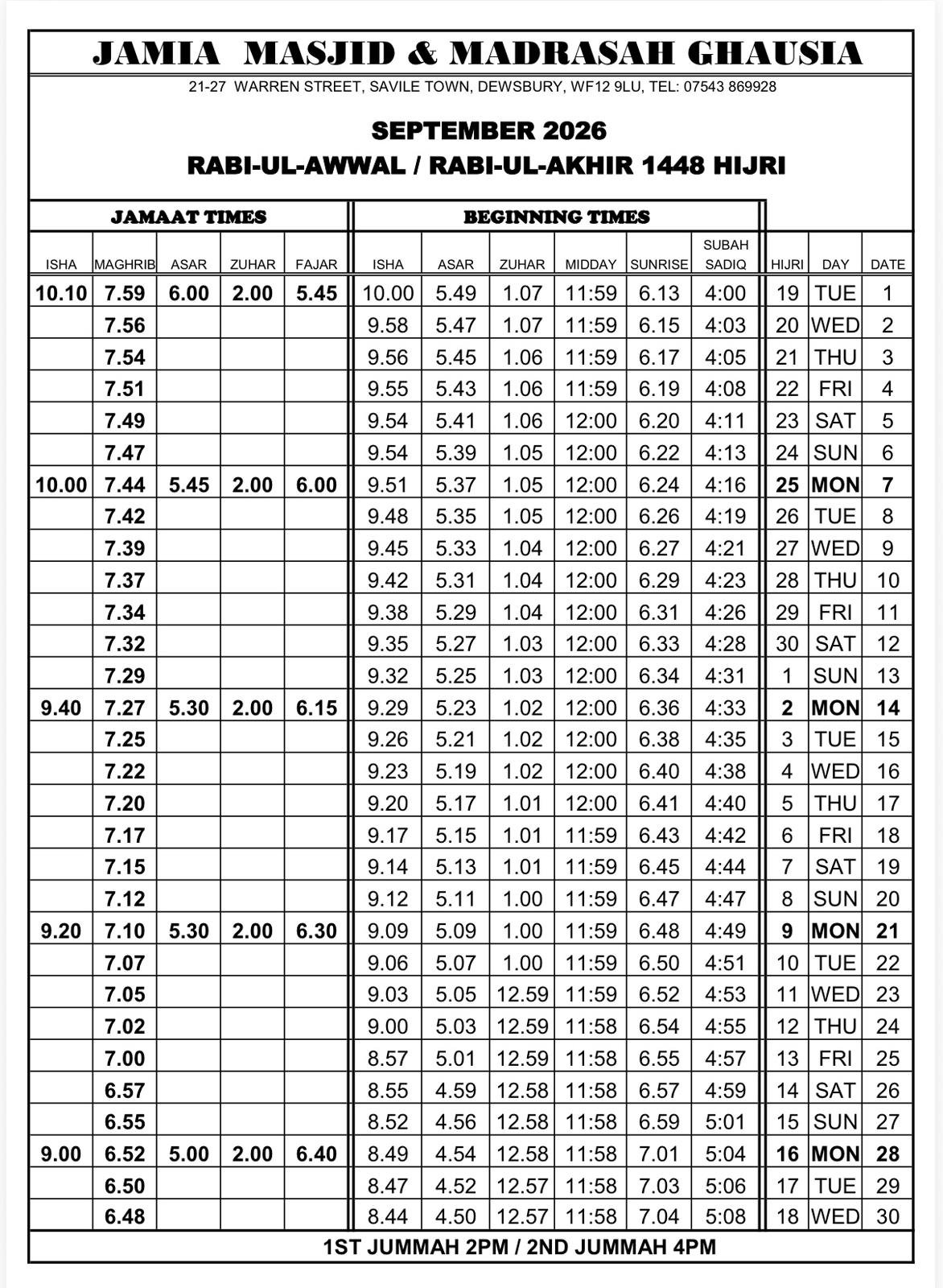 Timetable published by Ghausia Masjid for September 2026