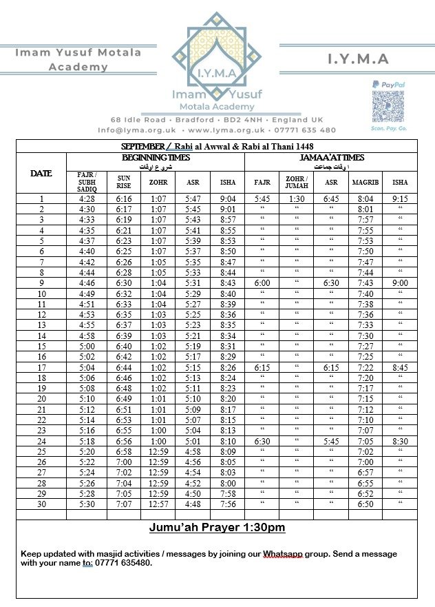 Timetable published by Imam Yusuf Motala Academy for September 2026
