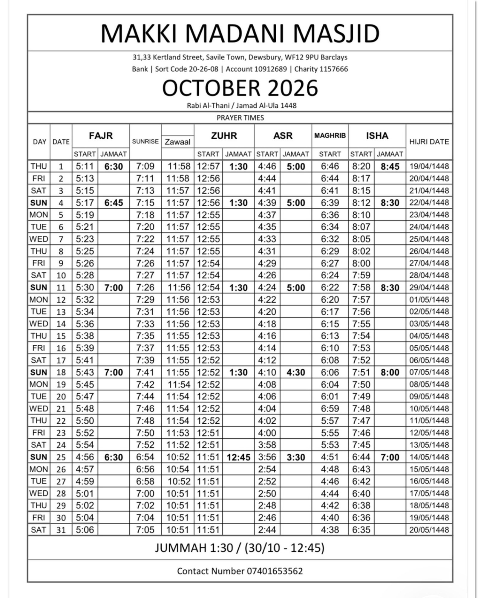 Timetable published by Makki Madani Masjid - Education Centre for October 2026