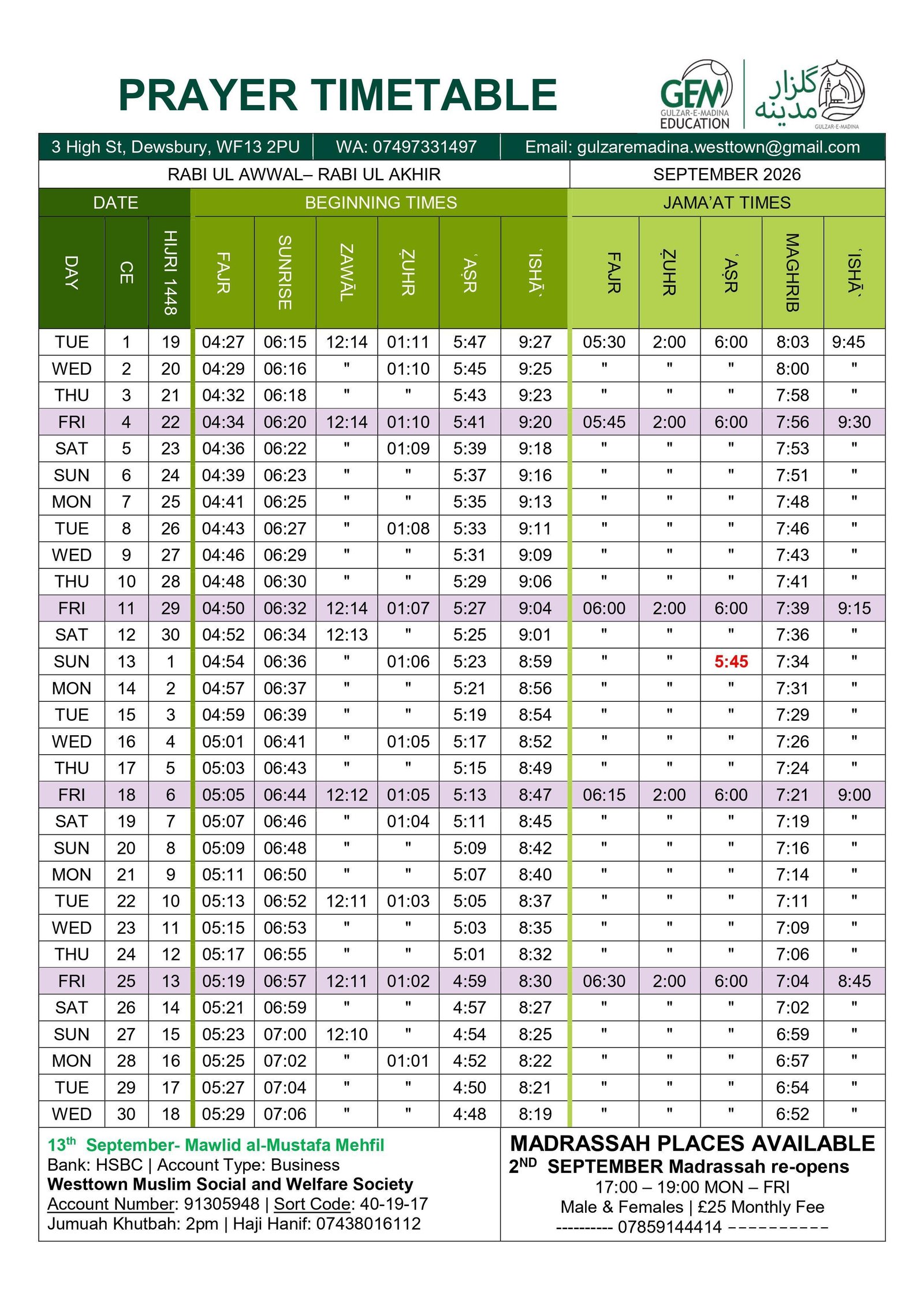Timetable published by Gulzar E Madina for September 2026